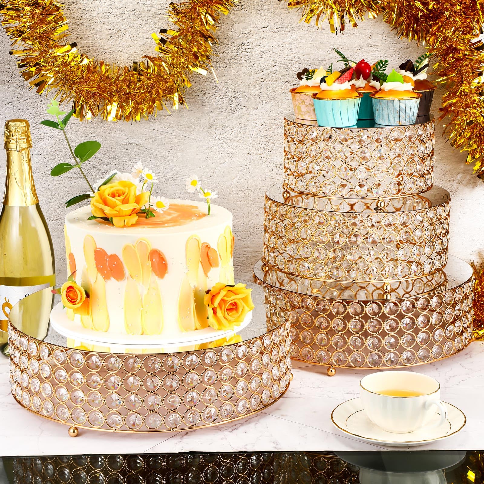 Uiifan 4 Pcs Crystal Gold Cake Stand Set 4 Size Elegant Round Dessert Display Stand Metal Cupcake Stand With Mirror Plate Crysta