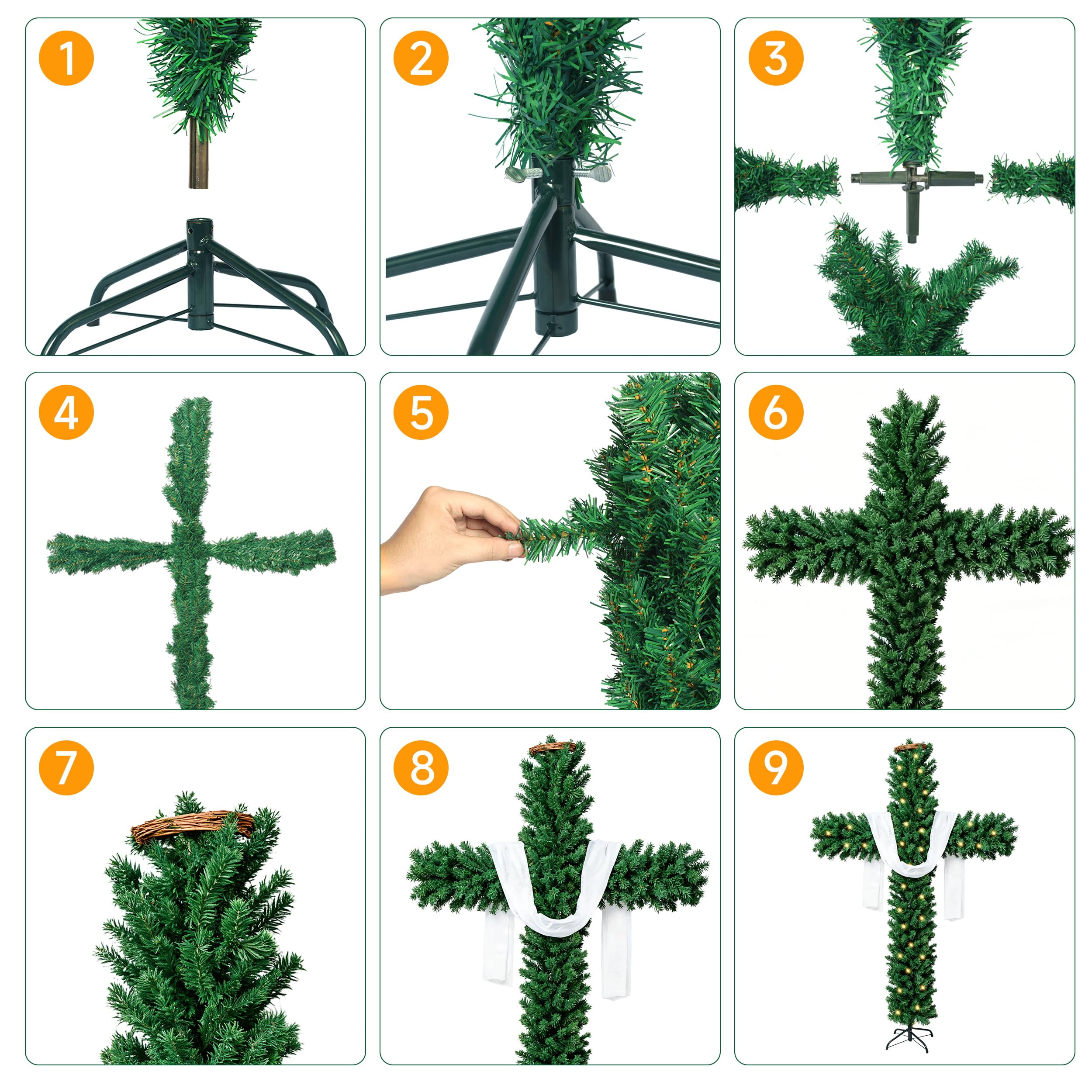 6ft Skinny Cross Christmas Tree with 33ft Plug-in String Lights(100 Bulbs) & White Silk Scarf & Crown of Thorns, Jesus Christ Ca