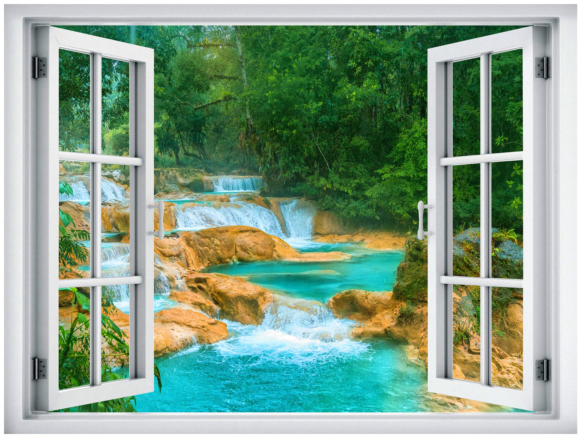 Wall26 Removable Wall Sticker/Wall Mural Window View Vibrant Green Forest Mountain River Rapids Nature Wilderness Photography Re