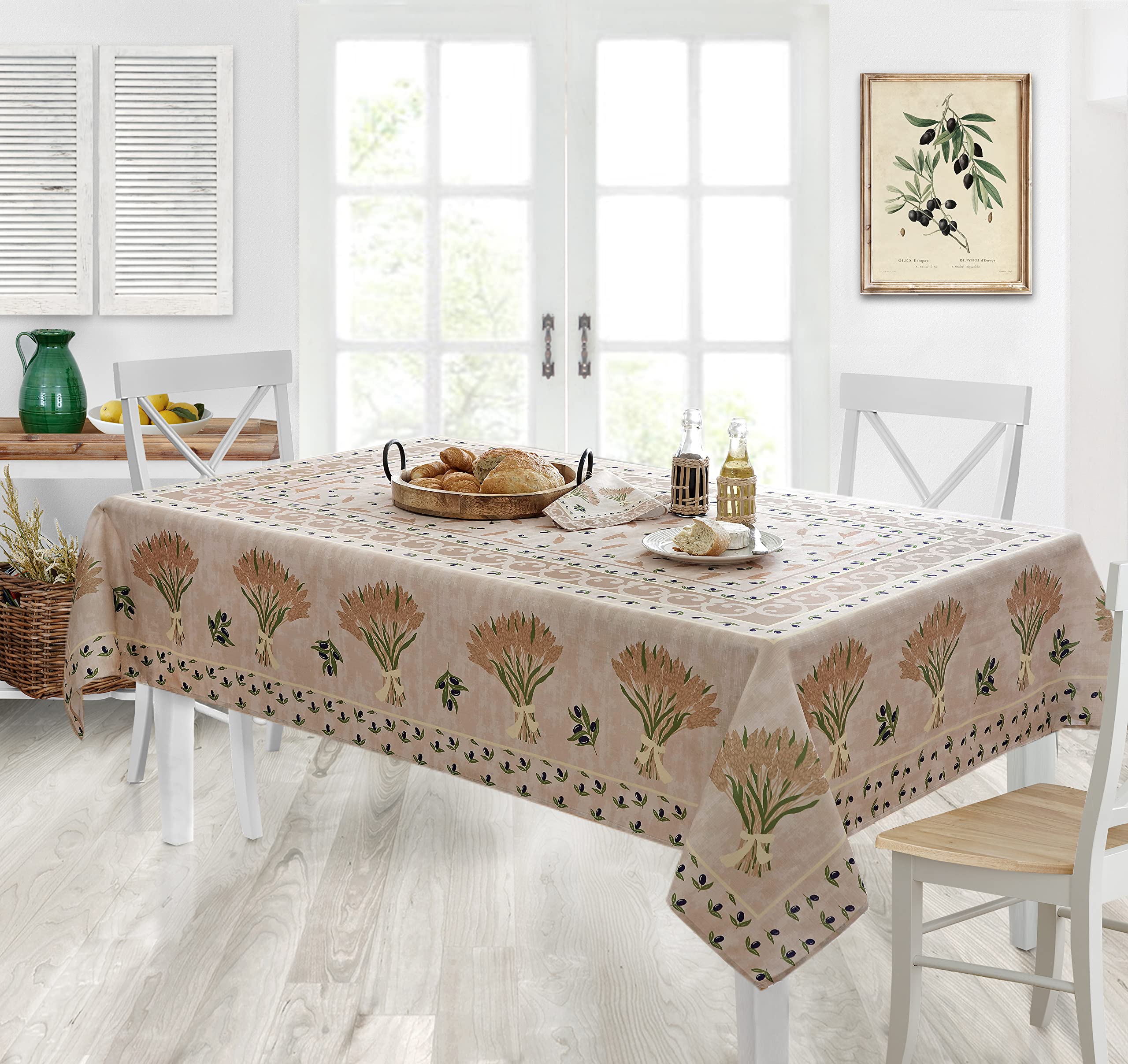 Home Bargains Plus Rectangle Fabric Tablecloth, 60 X 84 Inch, Wheat And Olives Print, Indoor Outdoor Stain And Water Resistant F