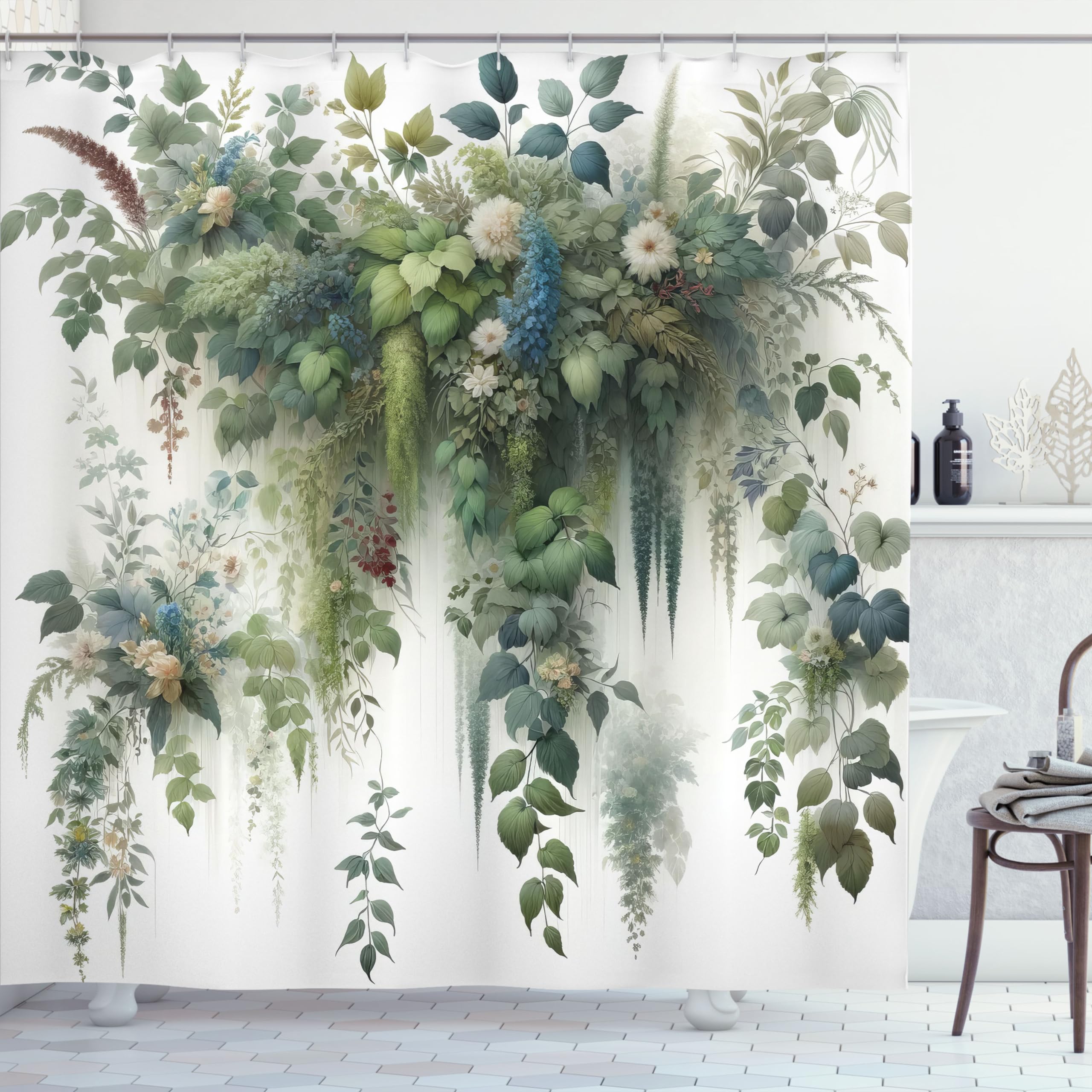 Ambesonne Botanical Shower Curtain, Branches And Leaves Cascading Down Look Motif In Watercolor Style Print, Cloth Fabric Bathro