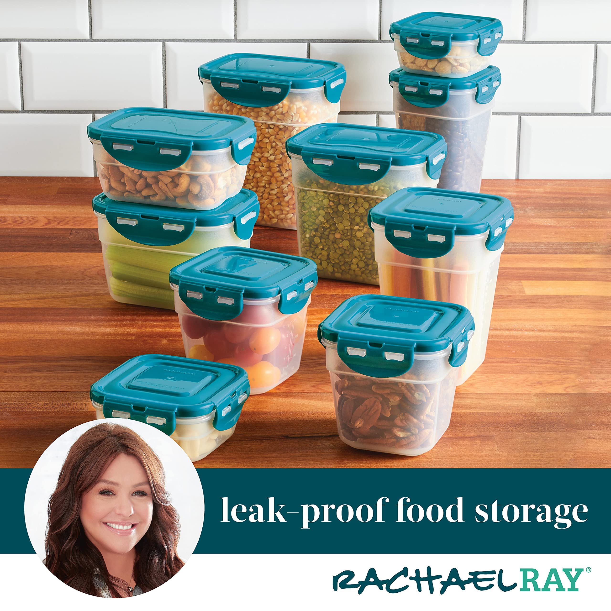Rachael Ray Leak-Proof Stacking Container Food Storage Bin Set, 20-Piece, Clear With Teal Lids