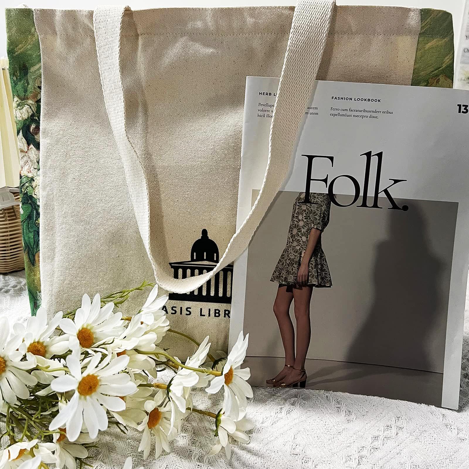 Broadream Canvasaesthetic - Zippered Tote Bag With Interior Pocket By Shoulder For Women Shopping