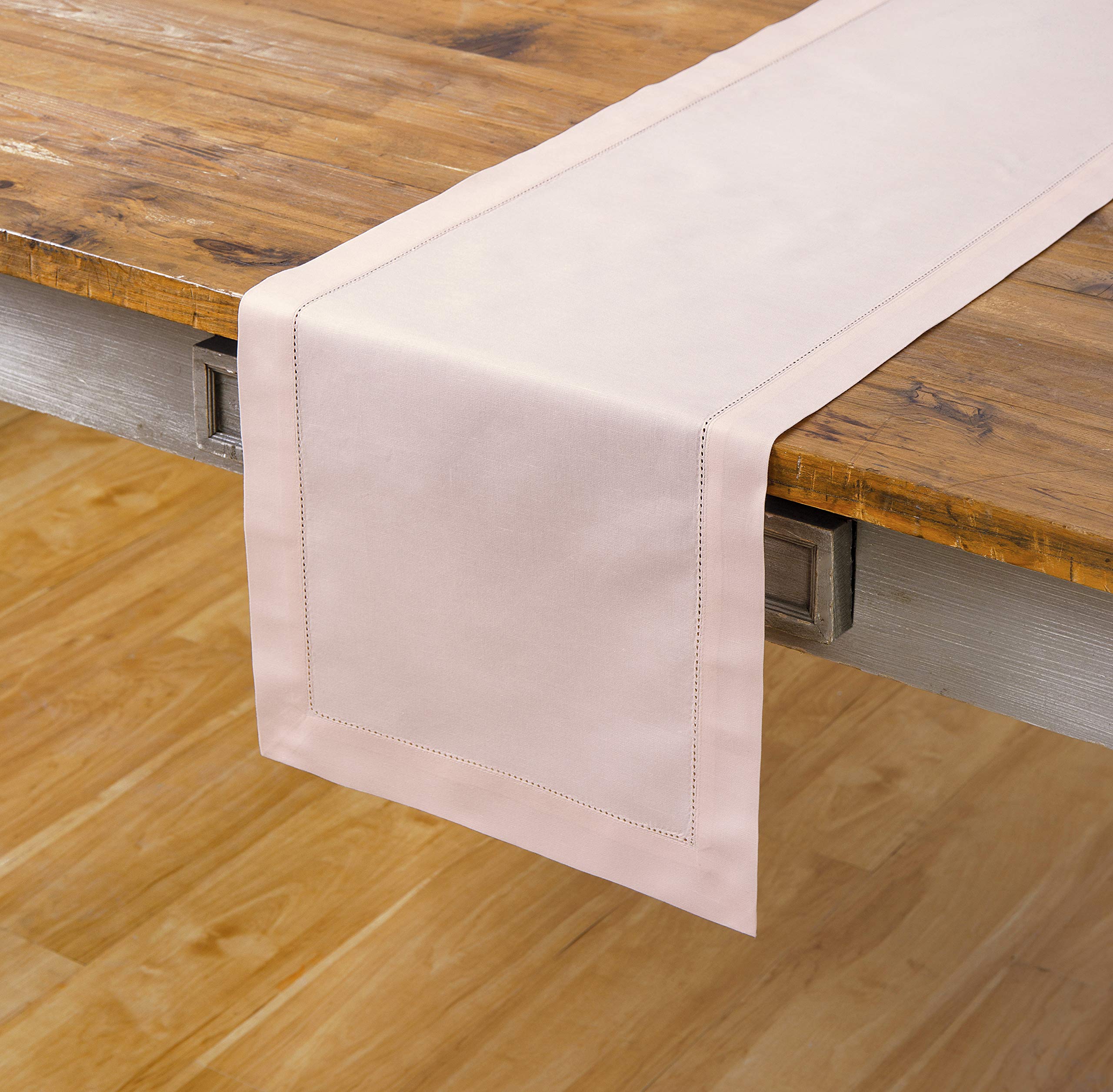 Solino Home Pink Table Runner 48 Inch - Cotton Linen Hemstitch Fall, Thanksgiving, Christmas Table Runner 14 X 48 Inch - Machine