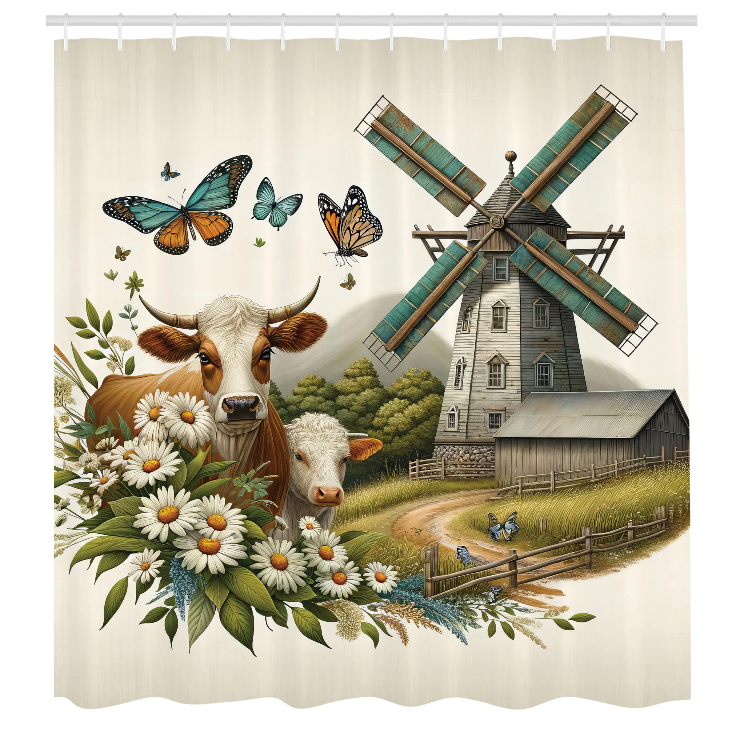 Ambesonne Farmhouse Shower Curtain, Windmill Barn Cottage Cows Butterflies And Daisies Countryside View, Cloth Fabric Bathroom D