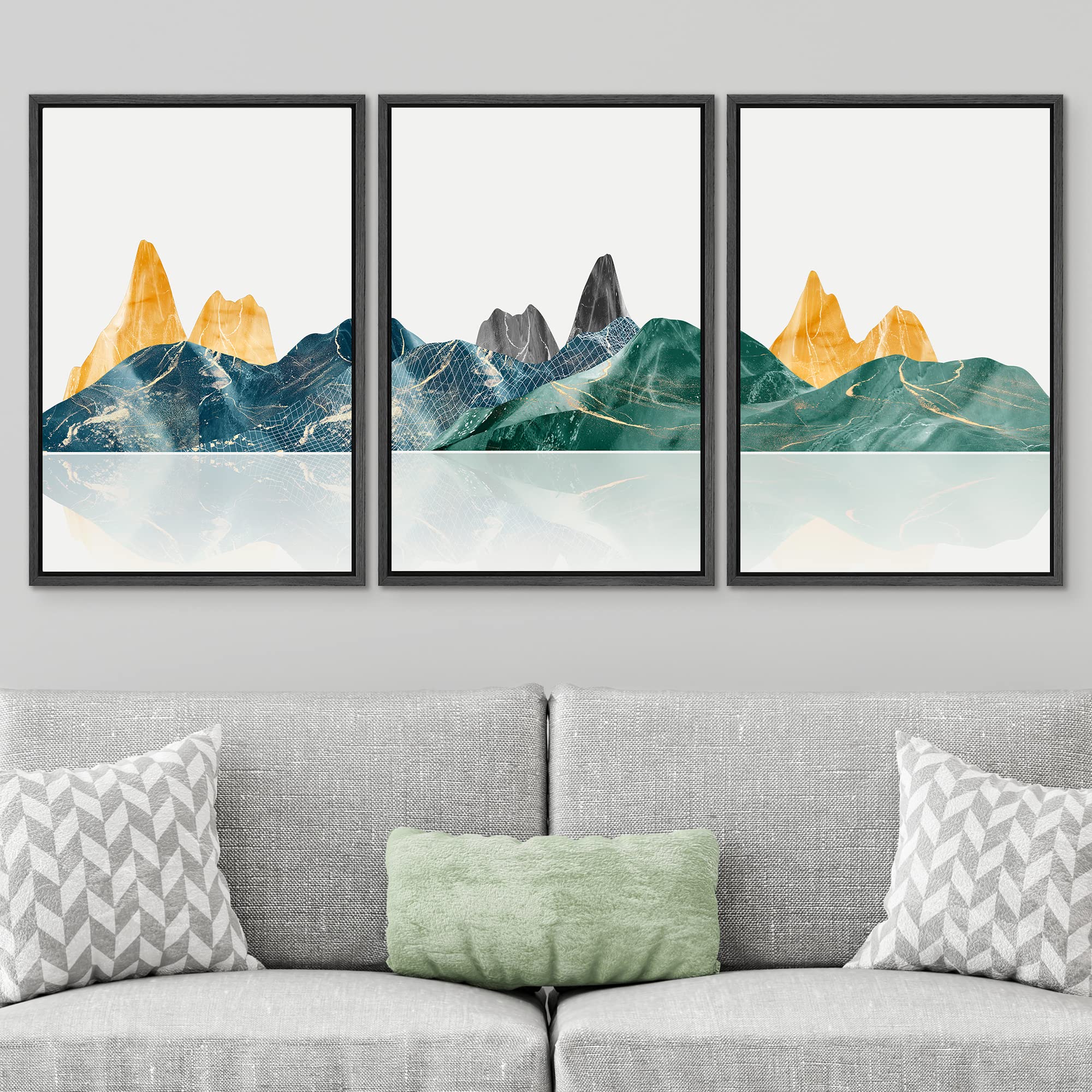 Signwin Framed Canvas Print Wall Art Set Gold Teal Vibrant Mountain Landscape Nature Wilderness Illustrations Modern Art Decorat