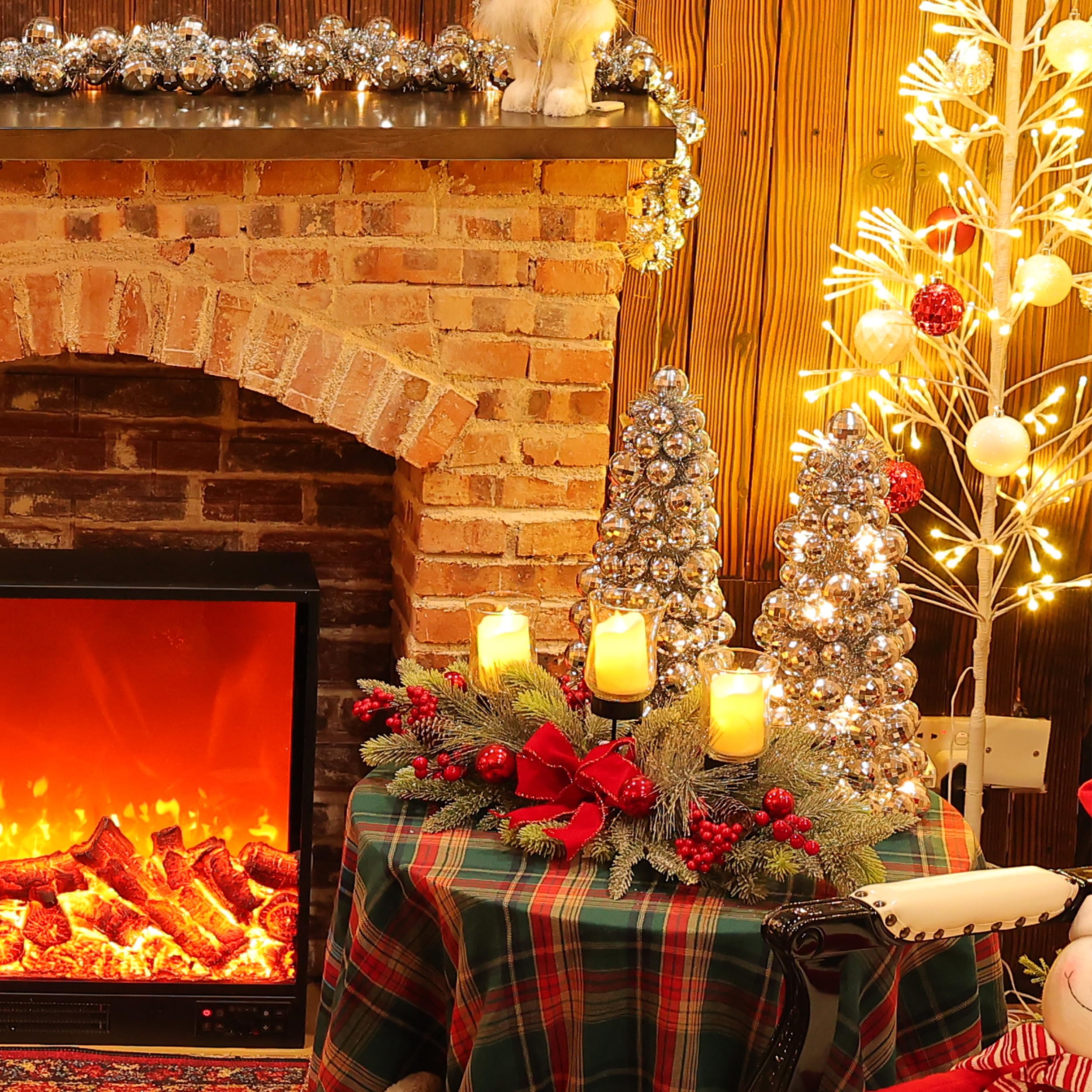 Amooca 16in Christmas Ball Tree with LED Lights Table Centerpiece Fireplace Decor Indoor Holiday Party Home Decoration Silver