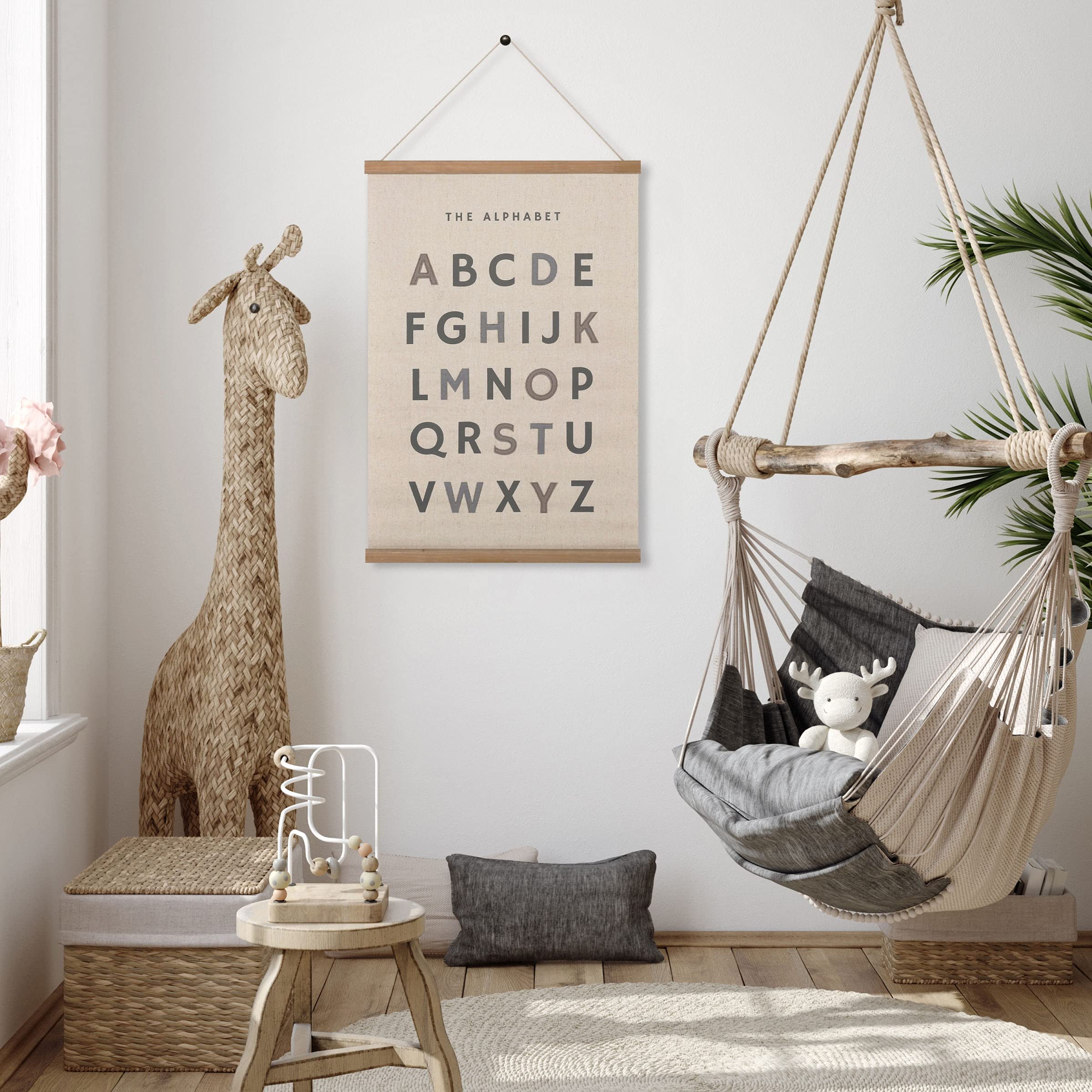 Bon Et Beau 16 X 24 Inch Embroidered Alphabet Poster Framed With Wood Hanger - Neutral Gray Wall Decor For Boys Nursery, Bedroom
