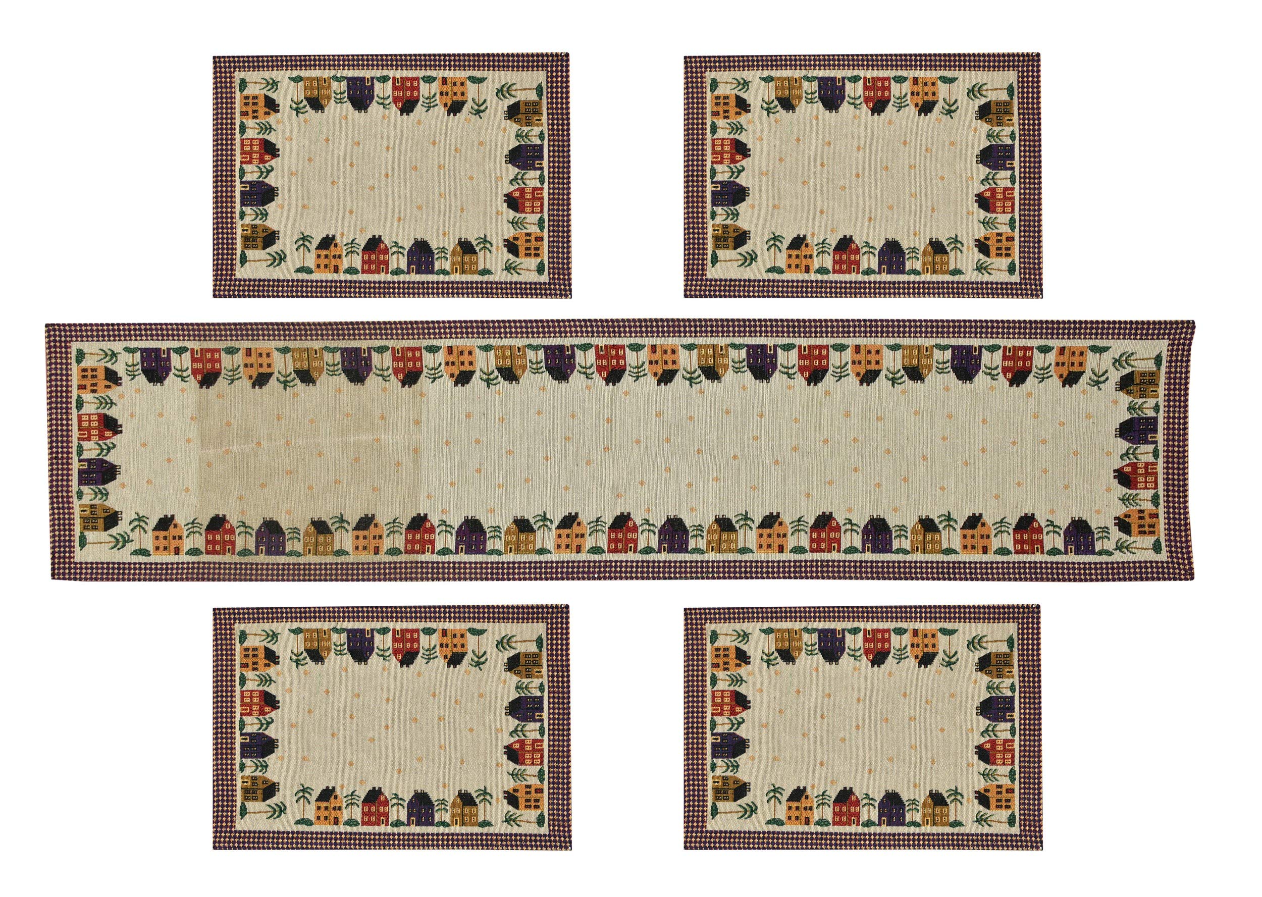 Galaxy Home Decor Washable Cotton Linen Jacquard Fabric Rectangular Dining Table Mats , 4 Pieces with Runner ( Multicolor , Hut 