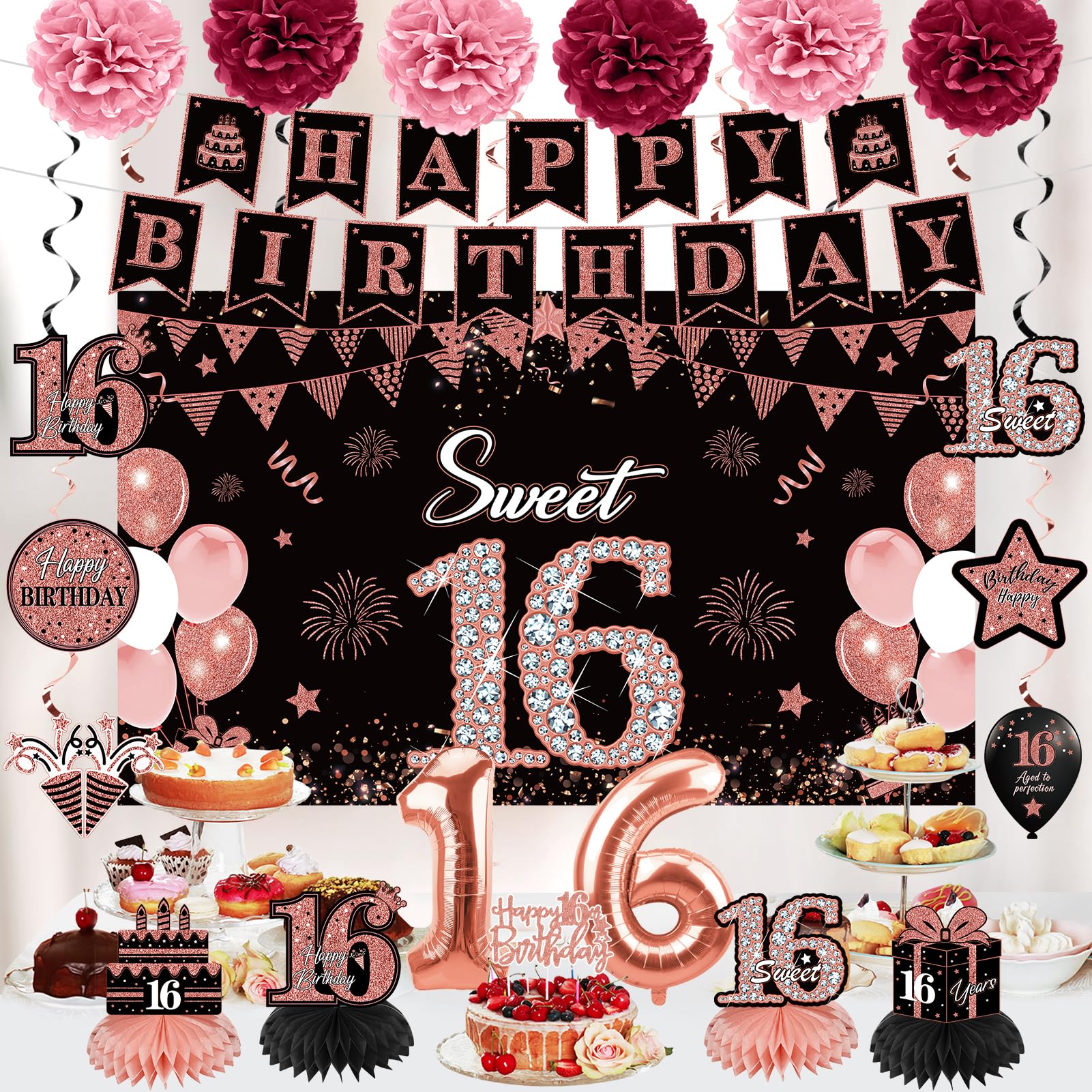 Eucutur 42Pcs Sweet 16 Birthday Party Decoration Kit For Girls, Rose Gold Happy 16Th Bday Banner Balloon Honeycomb Centerpiece S