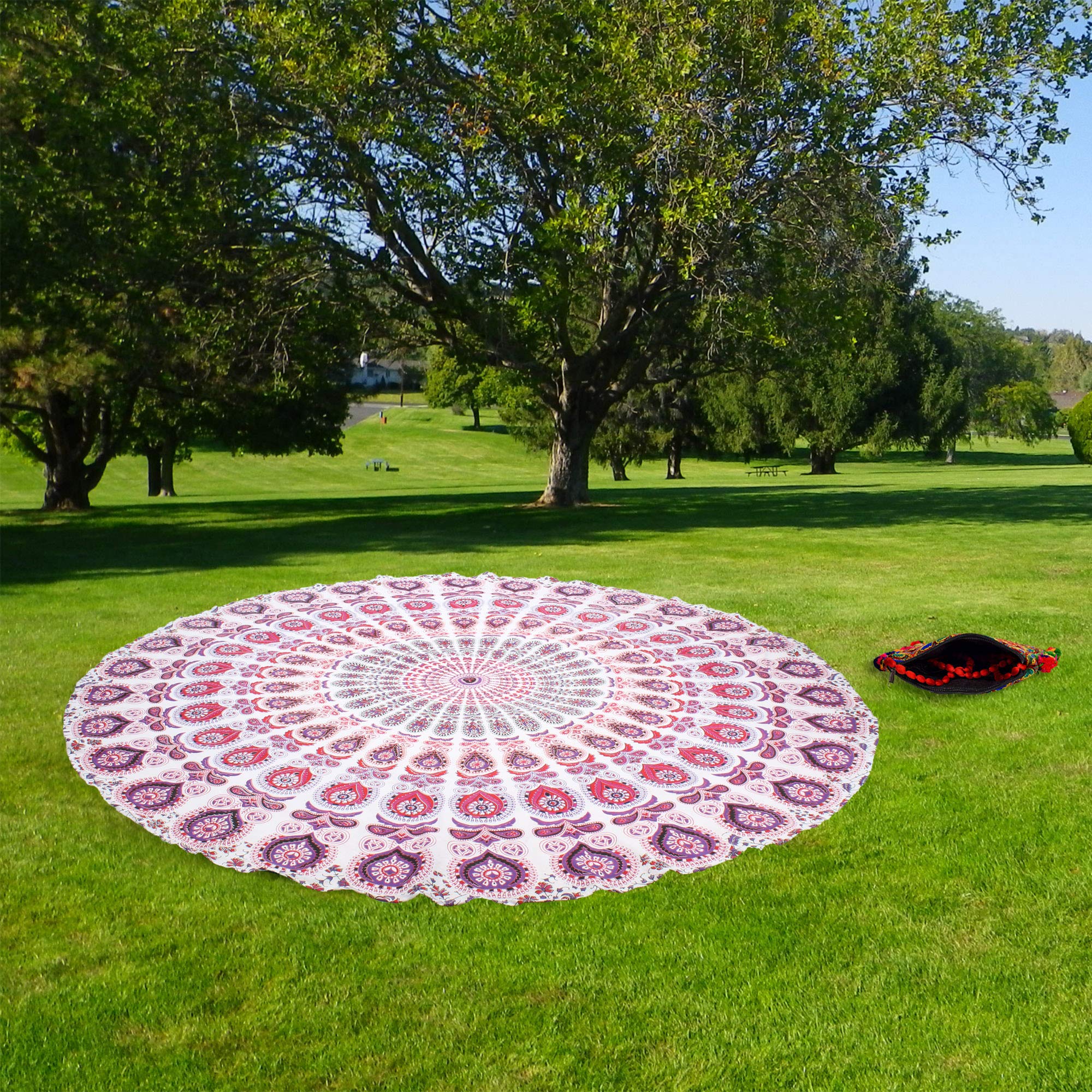 Raajsee White Pink Round Beach Tapestry Hippie Mandala/Boho Decor Beach Blanket/Indian Cotton Throw Bohemian Round Table Cloth M