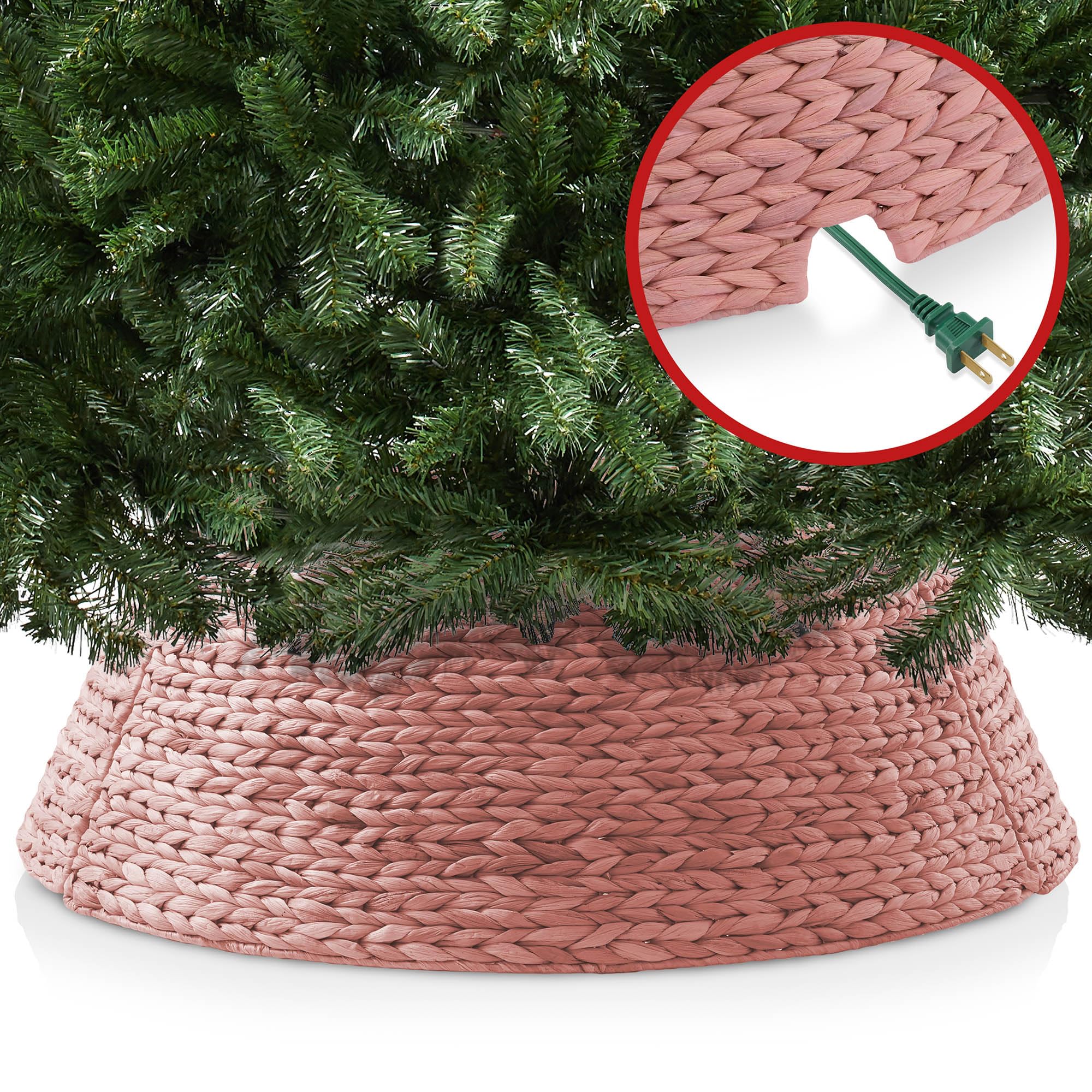 Casafield 42-Inch Christmas Tree Collar, Woven Water Hyacinth Tree Base Cover with Cord Cut Out, Pink