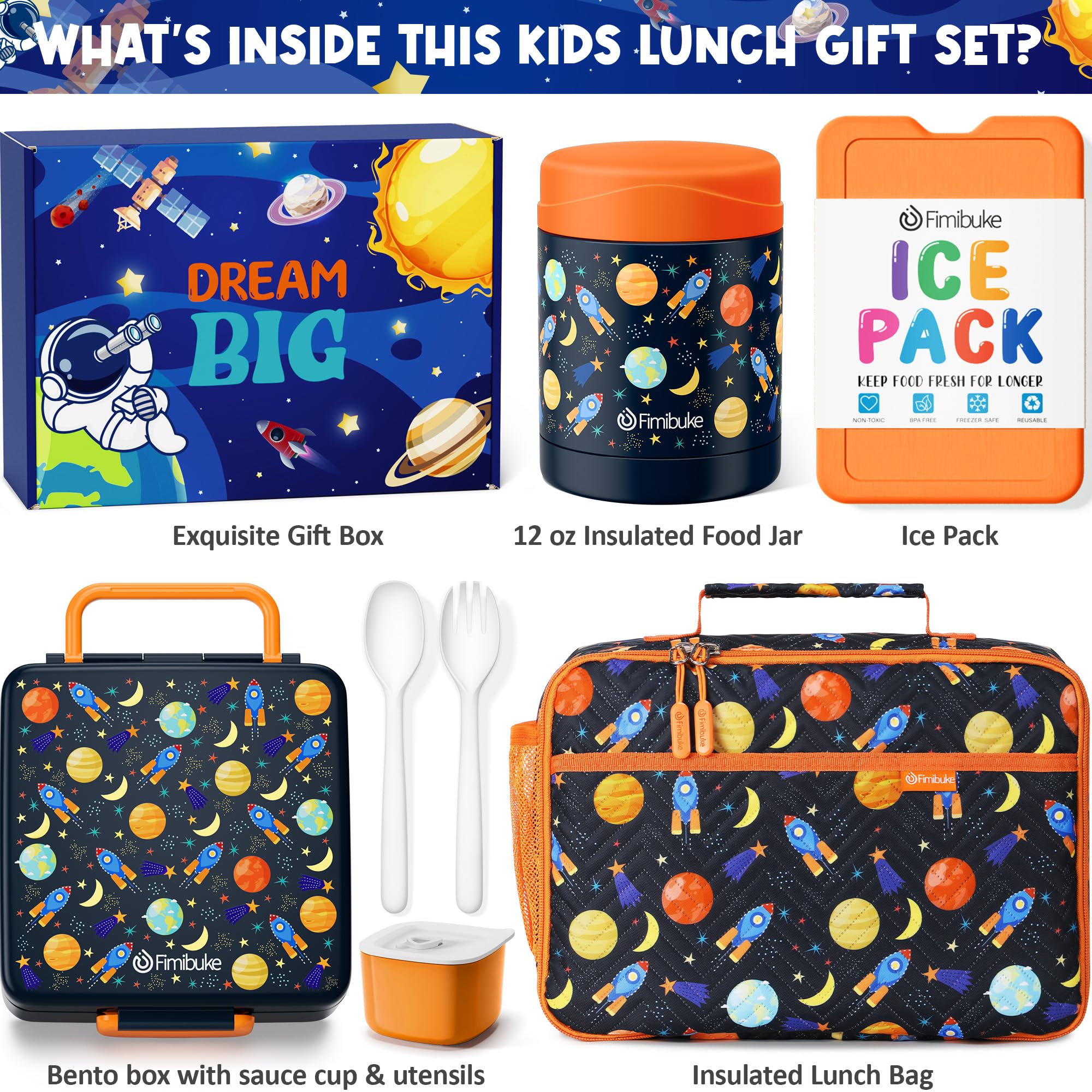 Fimibuke Kids Bento Snack Lunch Box With 4 Compartment, Insulated Lunch Bag, Stainless Steel Vacuum Thermos Food Jar, Ice Pack,