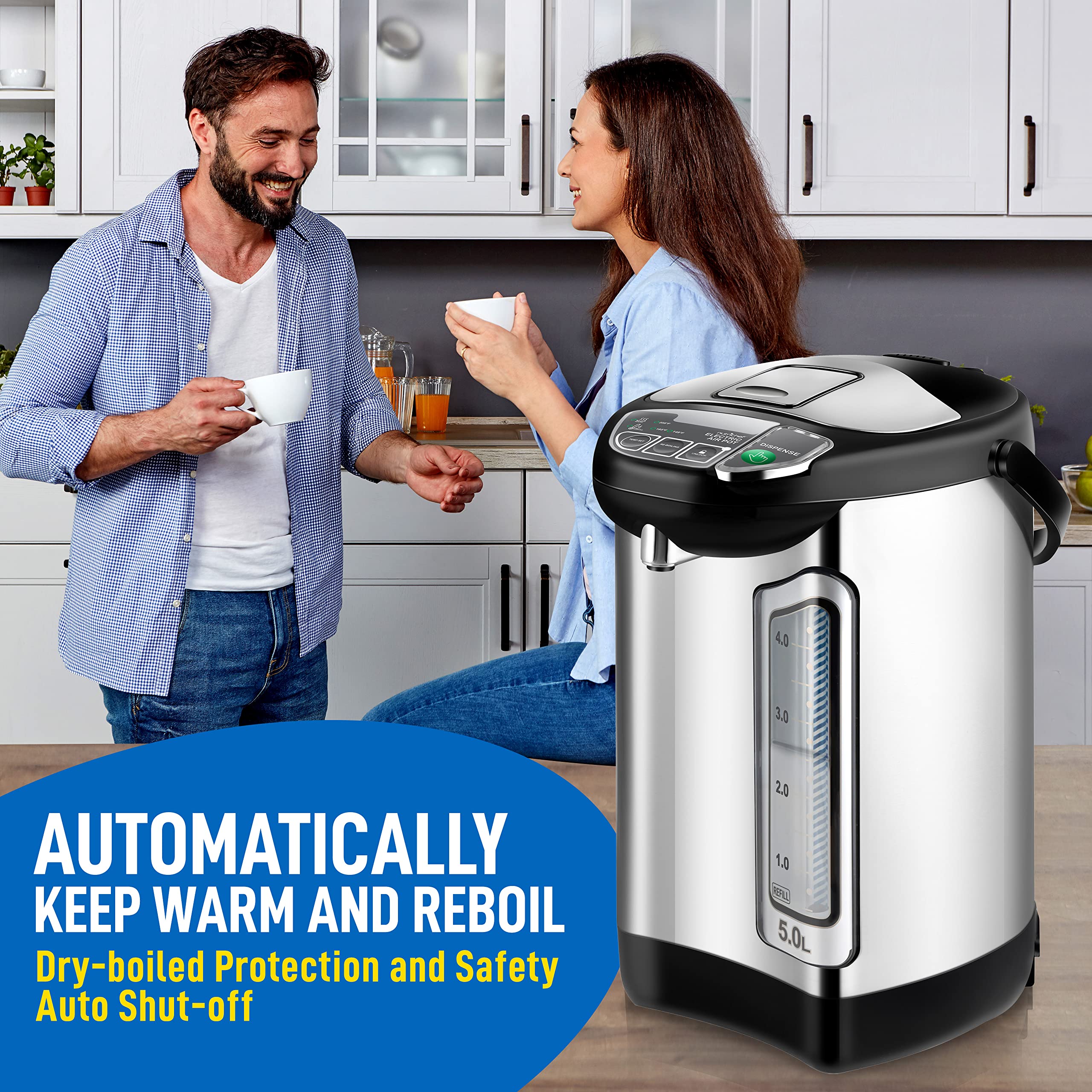 Nutrichef Electric Water Boiler And Warmer - 5L/5.28 Qt Stainless Steel Hot Water Dispenser W/Rotating Base, Keep Warm Temperatu