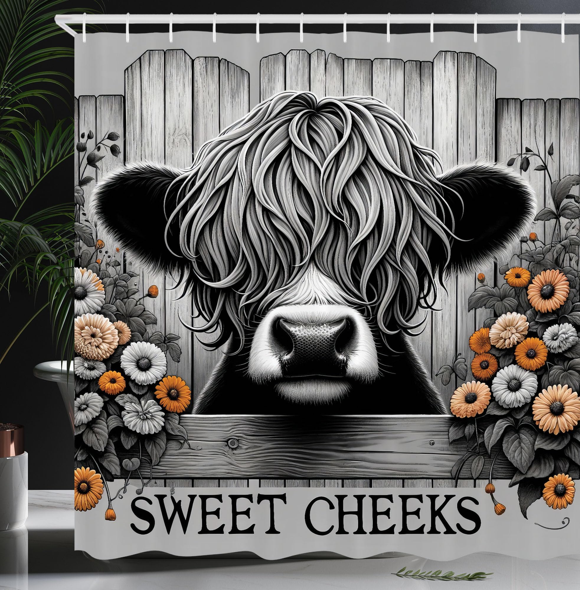 Ambesonne Rustic Shower Curtain, Vintage Farmhouse Monochrome Cow Funny Cheeks In Tangerine Color Flowers, Cloth Fabric Bathroom