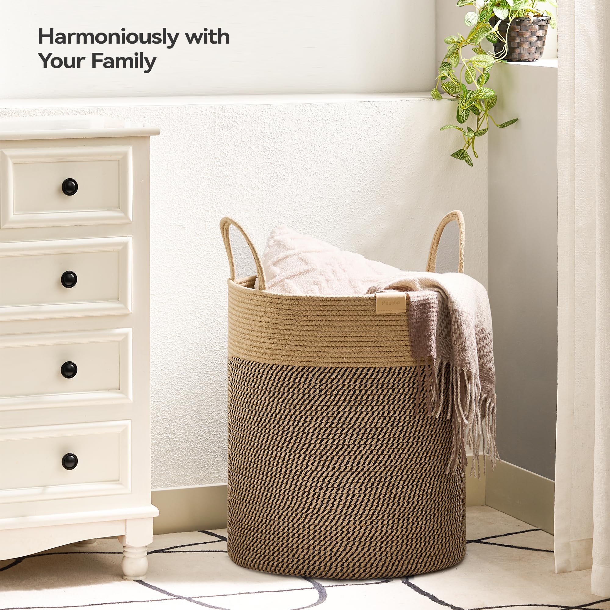 Nunsino 62L Laundry Hamper Basket,Baby Nursery Woven Storage Basket For Toys Bin,Pillows,Blankets,Clothes,Dark&Brown