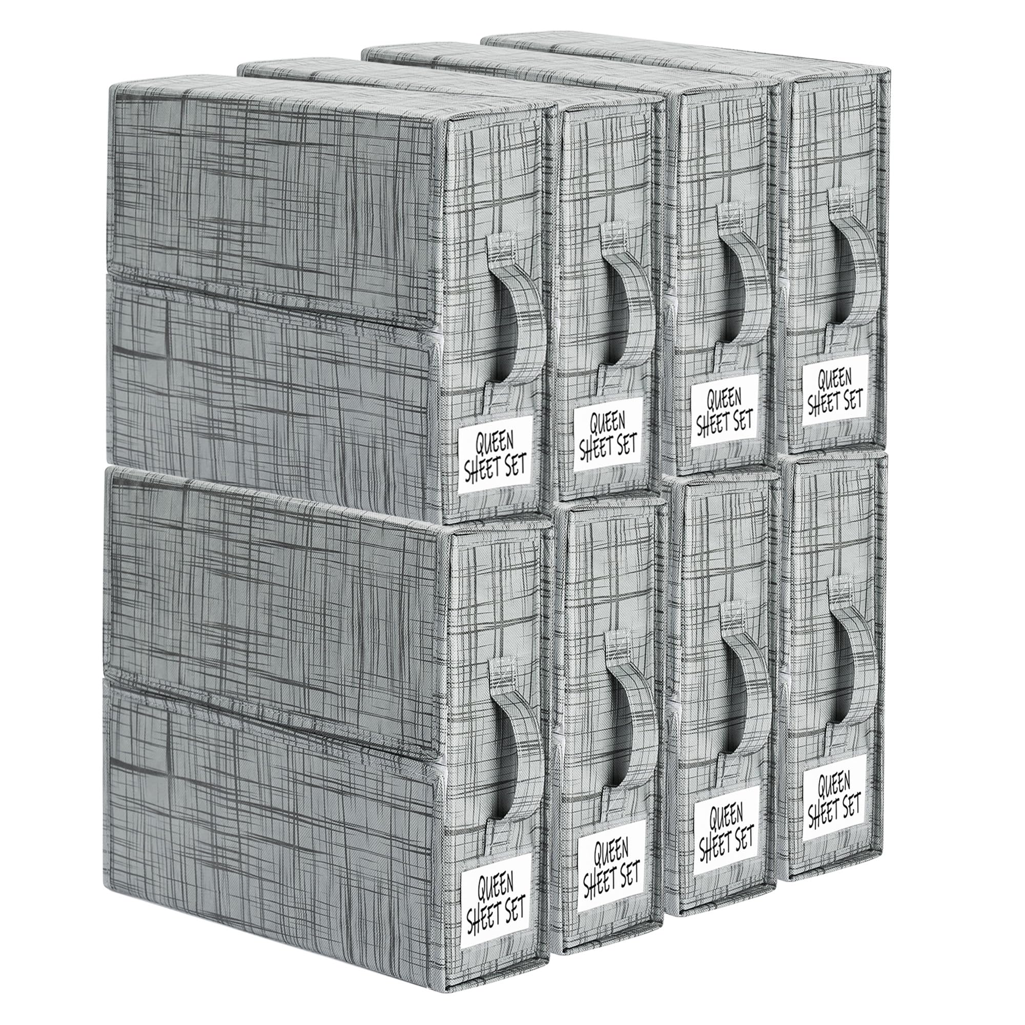 SheetCube 8 Pack Bed Sheet Organizers and Storage, Foldable Bedding Storage Box Container with Window and Label, Linen Closet Or