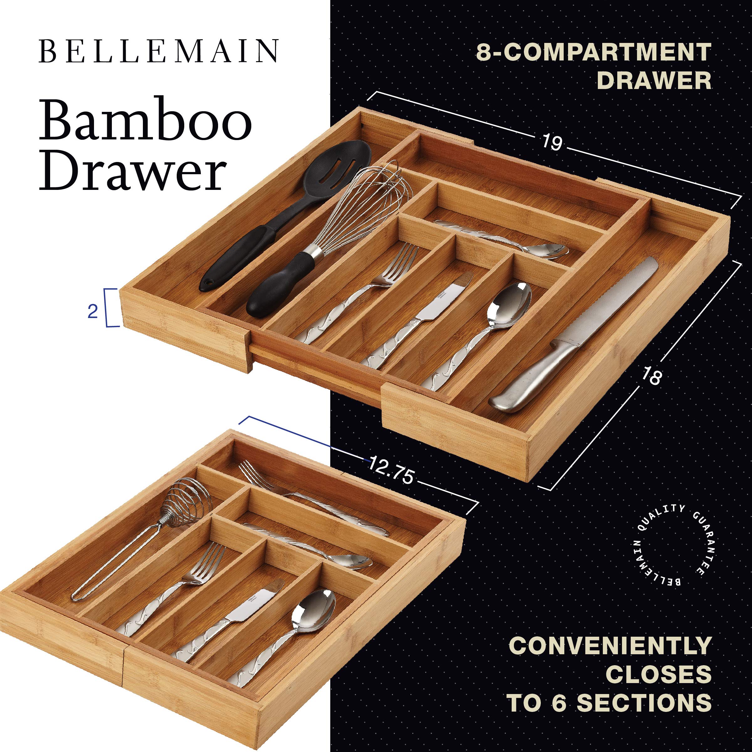 Bellemain Expandable Bamboo Drawer Organizer - Large Kitchen Utensil Holder For Cutlery, Silverware, Flatware Storage - Utensil