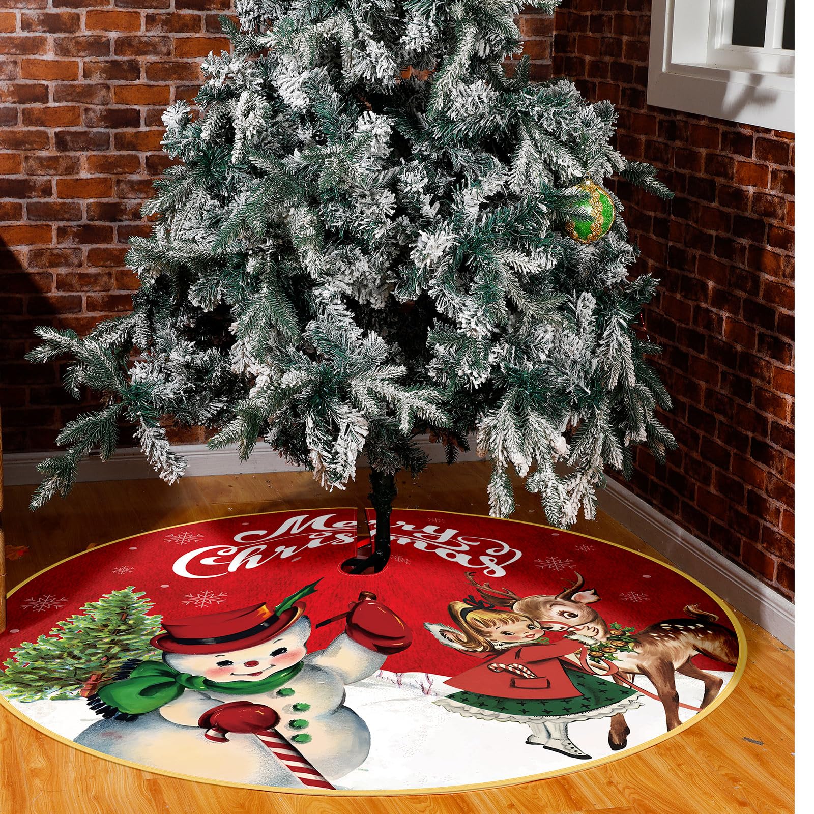 Poen Vintage Christmas Tree Skirt Rustic Xmas Tree Mat Farmhouse Halloween Tree Skirt 48 Inch Snowman with Scarf Christmas Tree