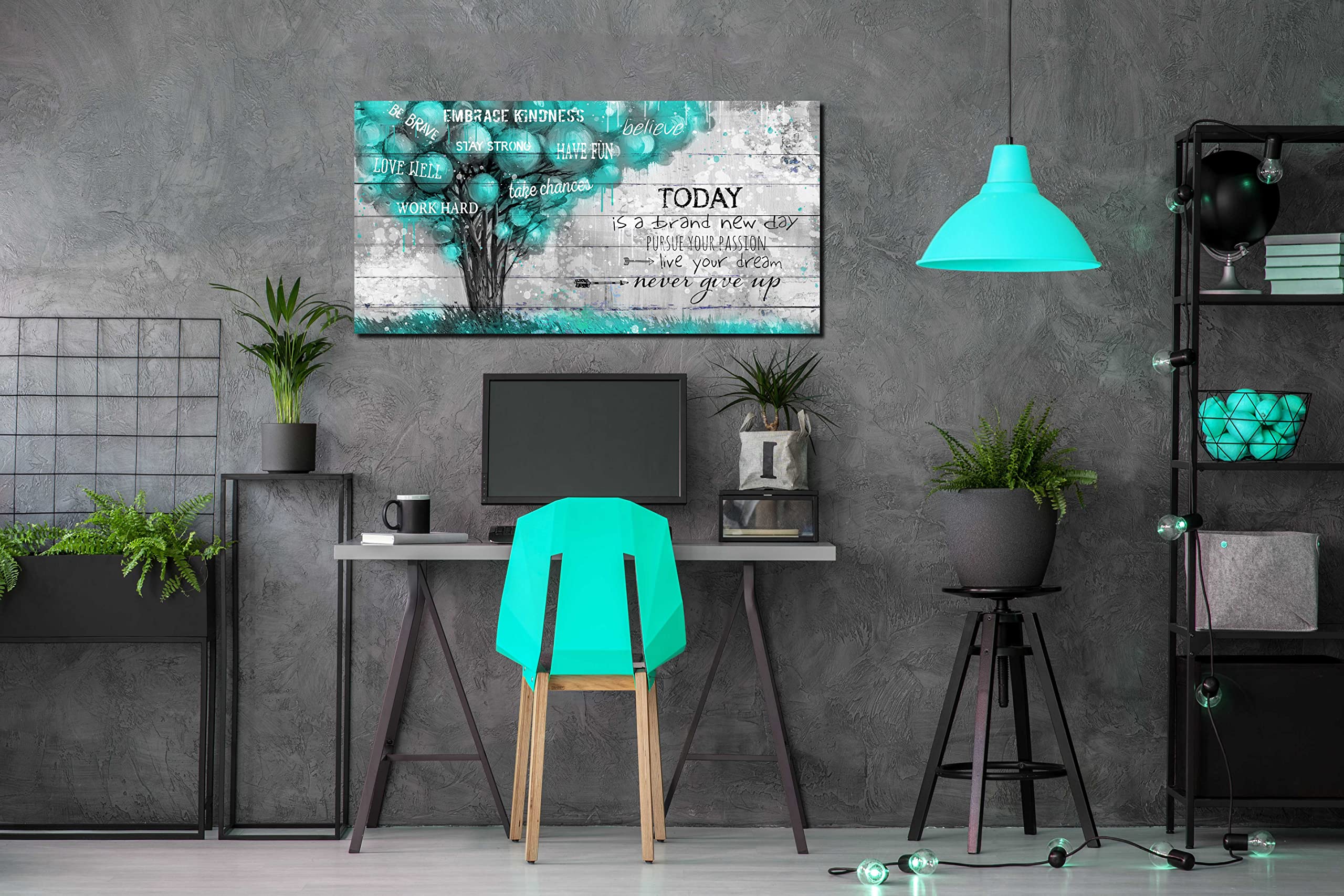 Teal Wall-Decor For Office - Inspirational Quotes Tree Wall Art - Large Canvas Wall Art Teal Decor For Living Room Ready To Hang