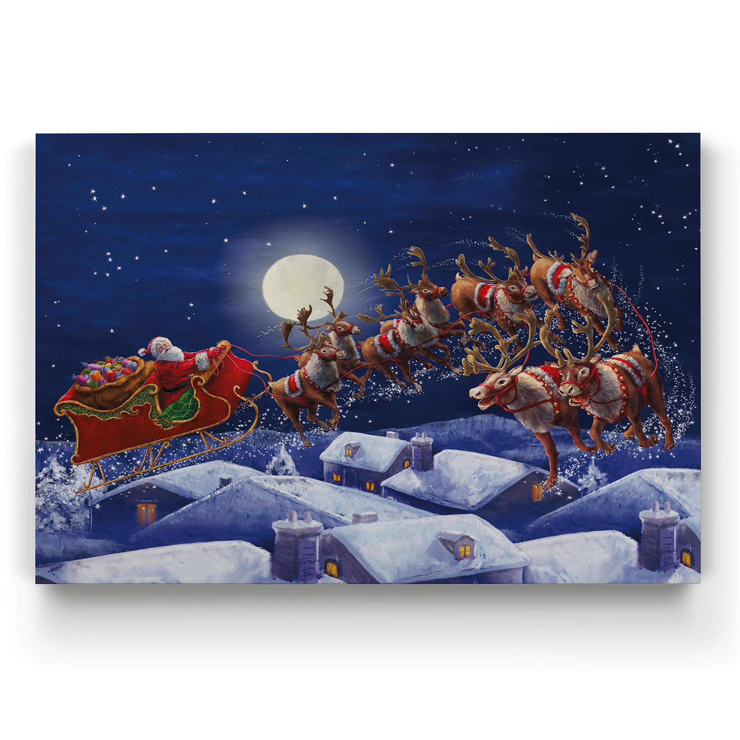 Renditions Gallery Gallery Wrapped Canvas Christmas Wall Art Print For Holiday Decor, 36X48, Santa With Sleigh