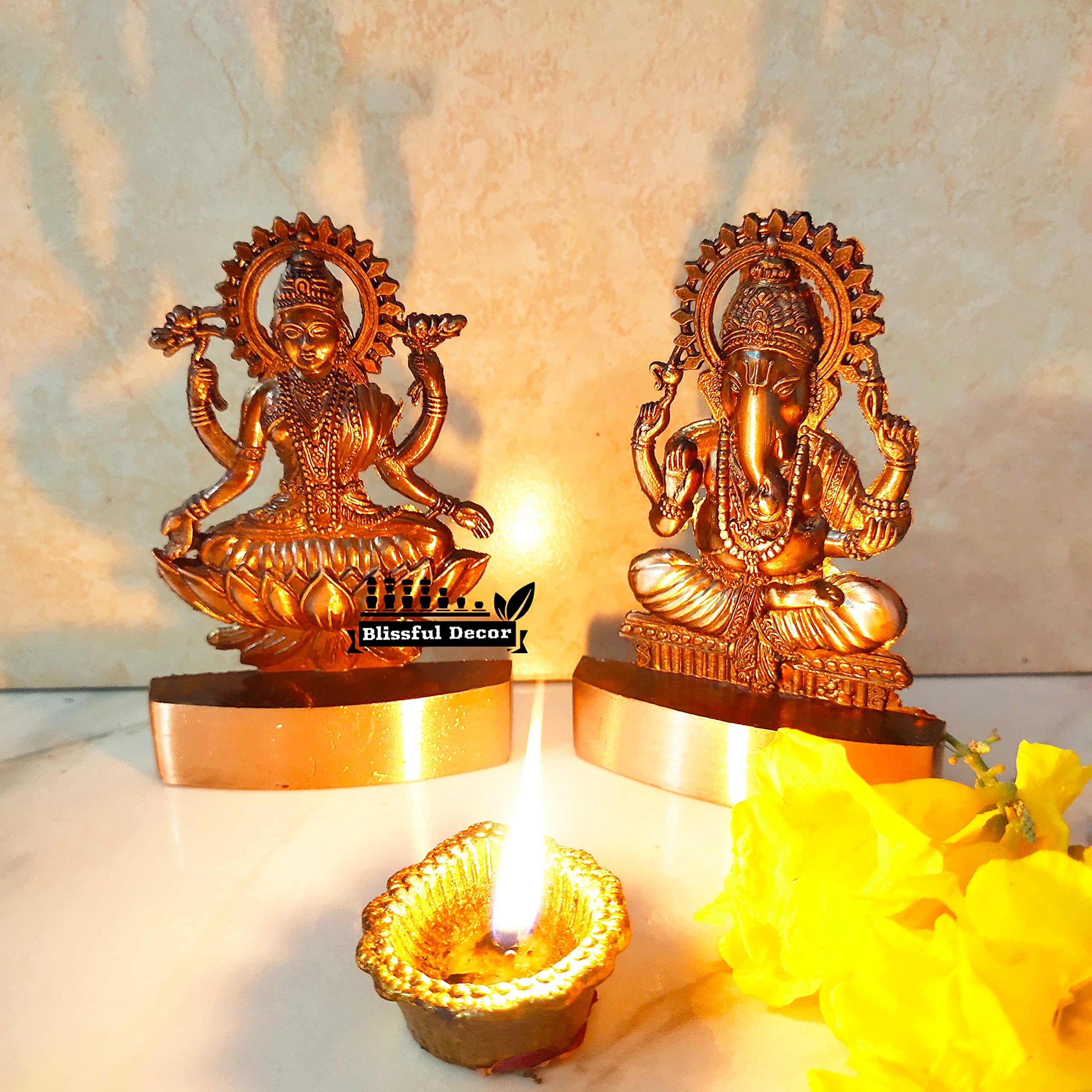 Blissful Decor Amishi Handicraft Metal Laxmi Ganesha Copper Antique Finish Pujan Set Auspicious Indian Art Statues Luxmi Ganesh