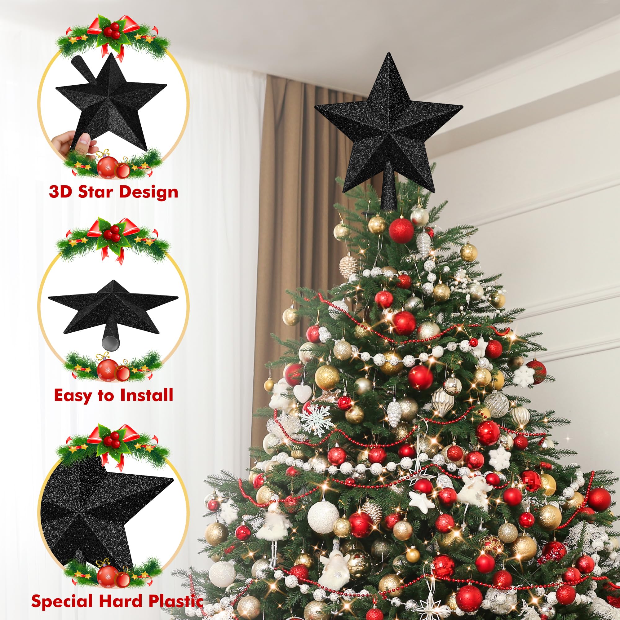 Tree Topper Star, 10 Rose Gold Christmas Star Tree Topper Accessories, Large Xmas Glitter 3D Bethlehem Tree Topper Ornament, Wat