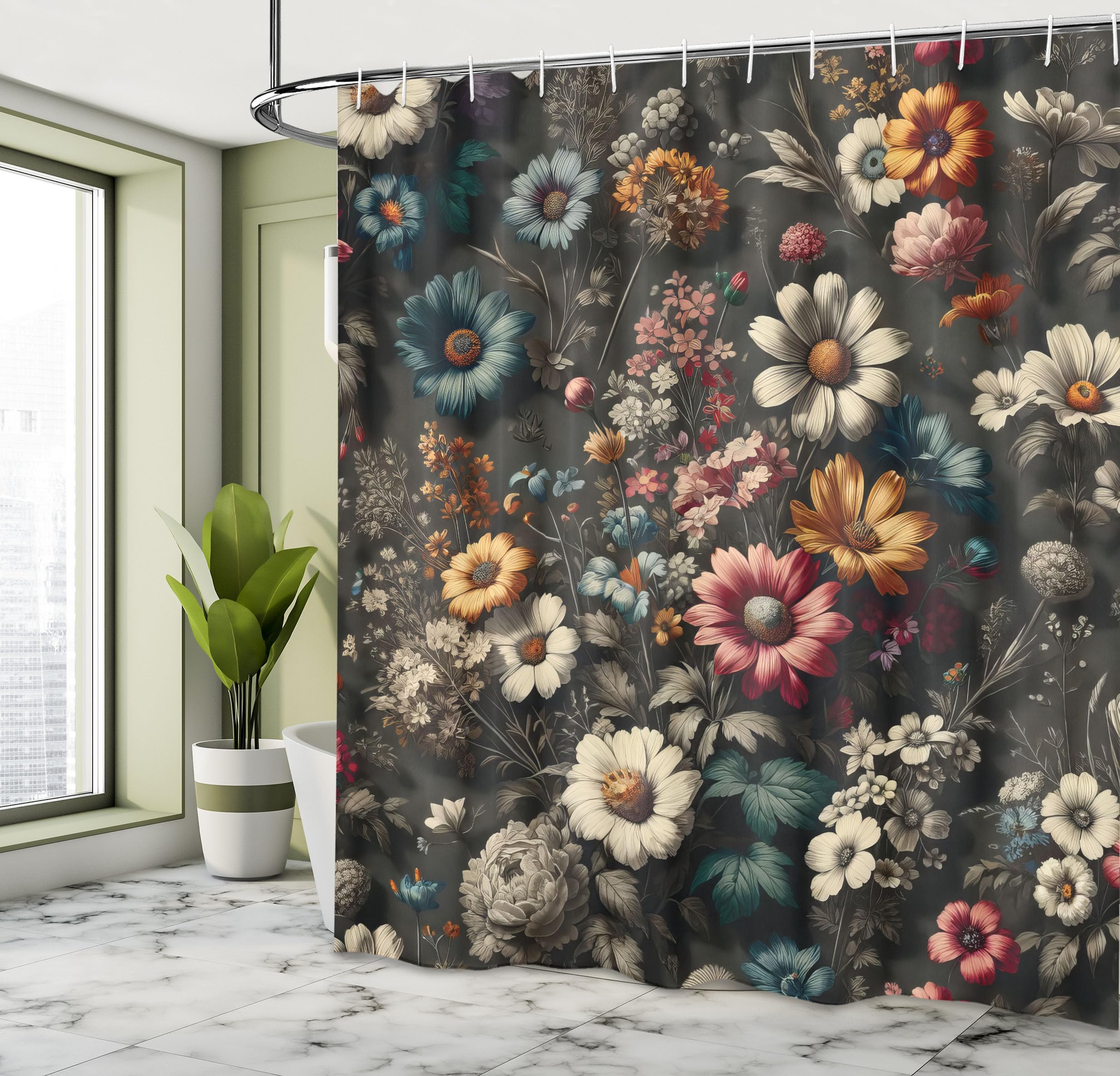 Ambesonne Floral Shower Curtain, Futurist Garden Flowery Atmosphere With Gentle Petals On Greyish Back, Cloth Fabric Bathroom De