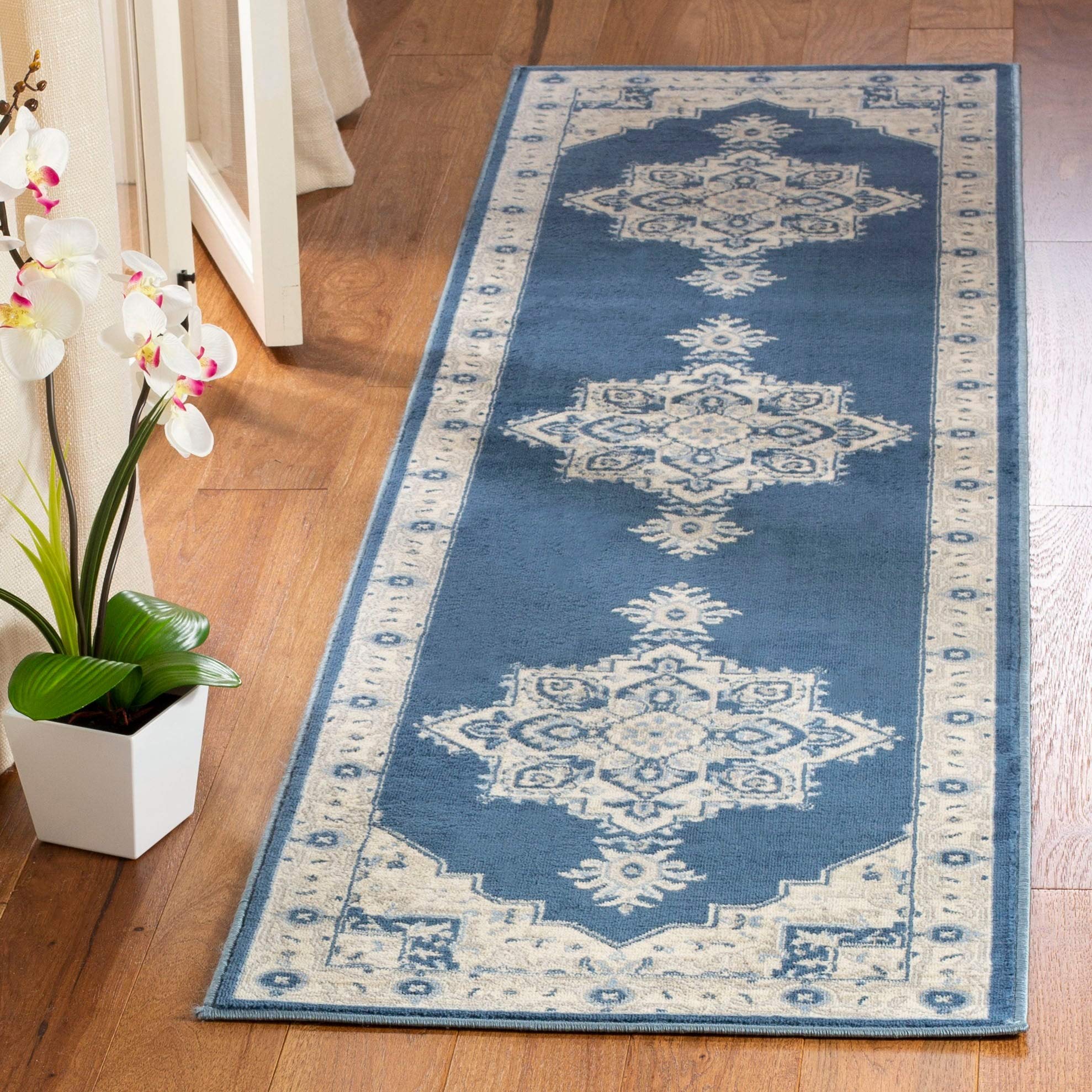 SAFAVIEH Brentwood Collection 2 x 14 Navy / Cream BNT865N Medallion Distressed Non-Shedding Living Room Bedroom Runner Rug