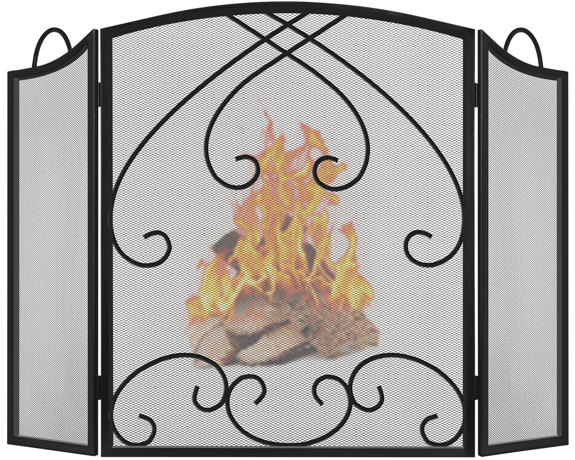 Gtongoko 3 Panel Fireplace Screen With Handles 48'' W X 29'' H New Version Modern Wrought Iron Decorative Large Fire Spark Guard