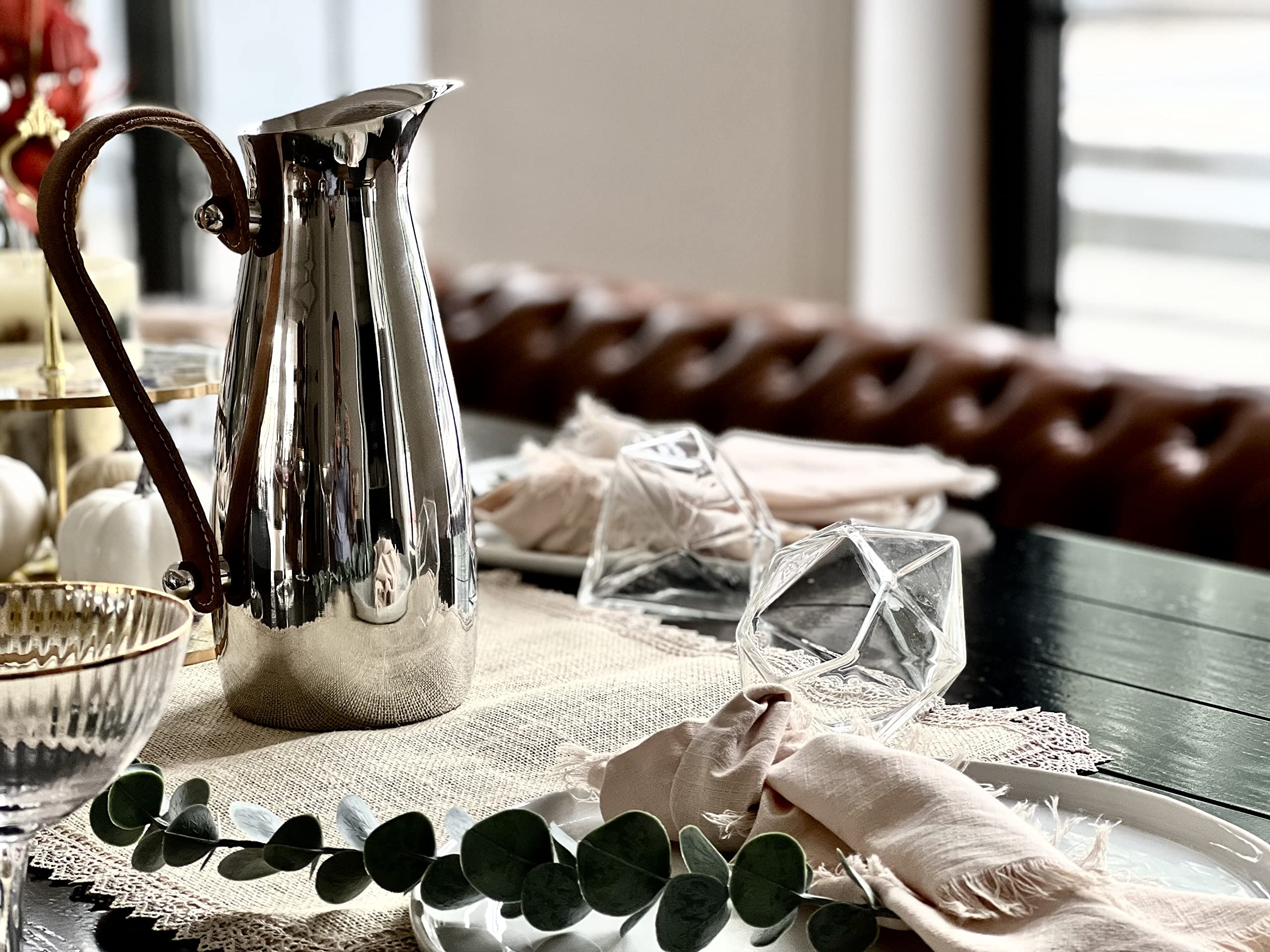 Silver Stainless Steel Water Pitcher, Leather Handle