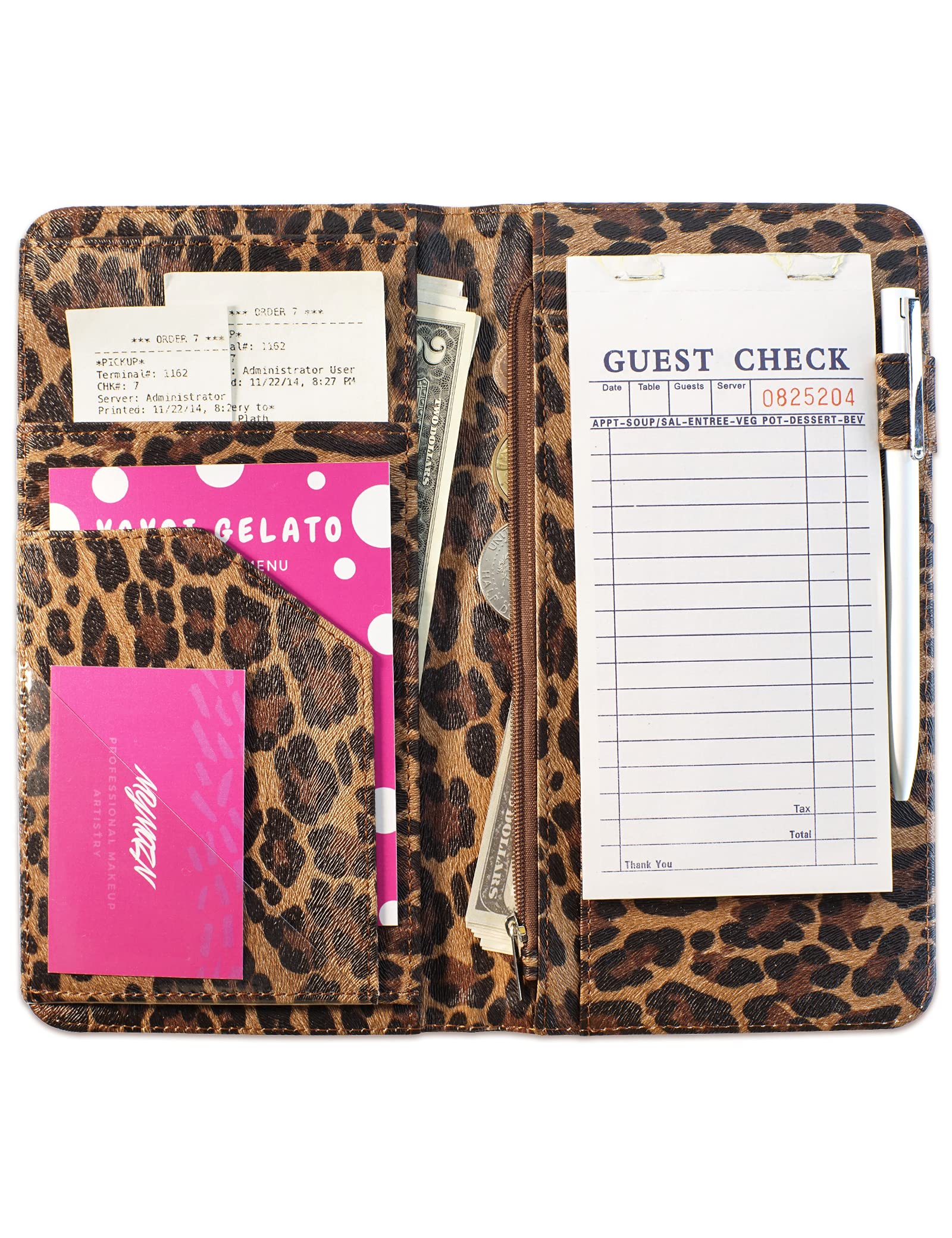 Server Book For Waitress Book With Zipper Pocket, 5X9 Leopard Magnetic Closure Server Wallet With Money Pocket And Zipper Pouch,
