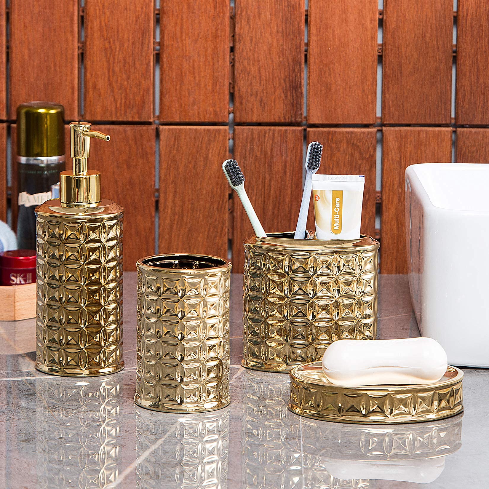 Gold Bathroom Accessory Set, 4-Piece Ceramic Bathroom Decorations Accessories Sets Includes Lotion Dispenser, Toothbrush Holder