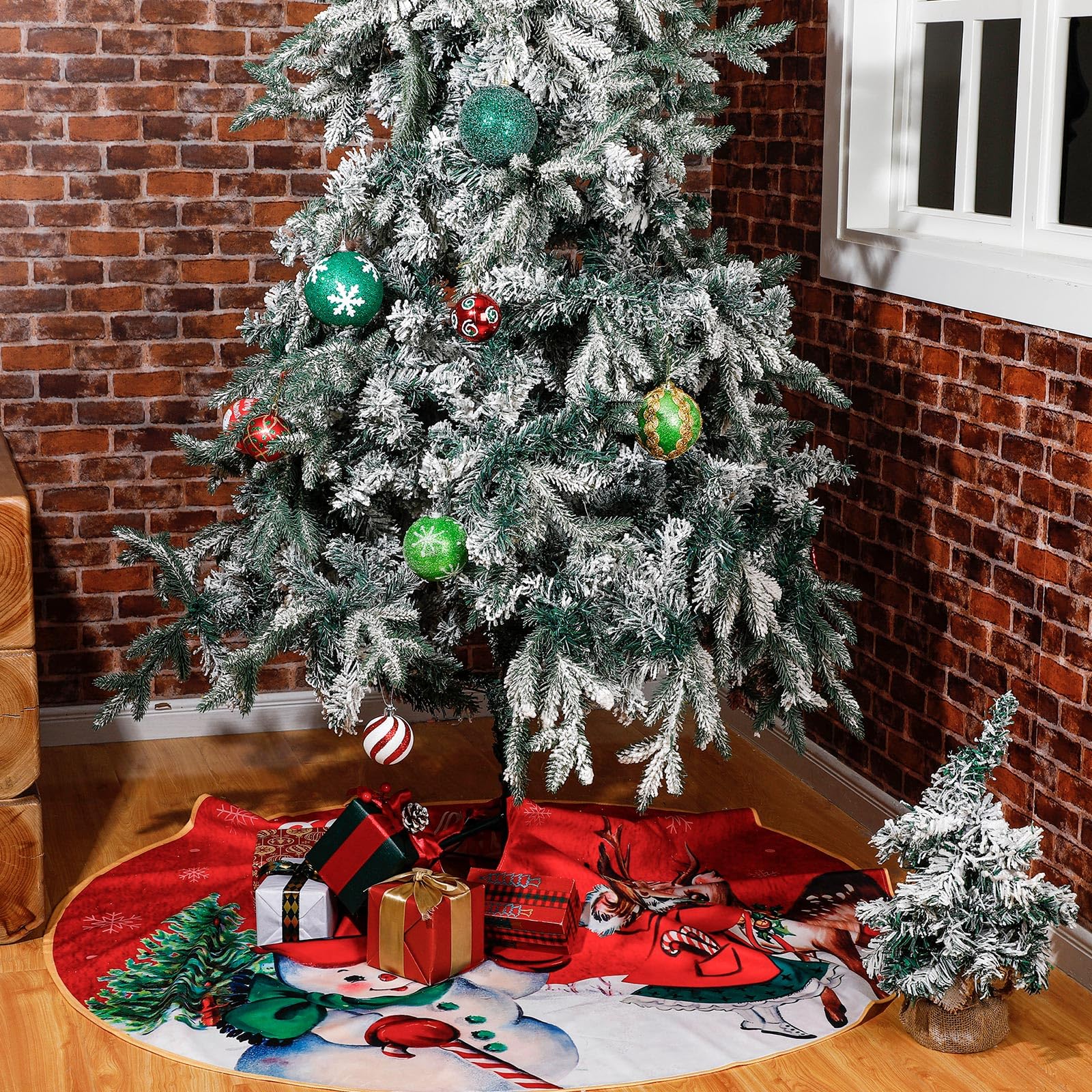 Poen Vintage Christmas Tree Skirt Rustic Xmas Tree Mat Farmhouse Halloween Tree Skirt 48 Inch Snowman with Scarf Christmas Tree