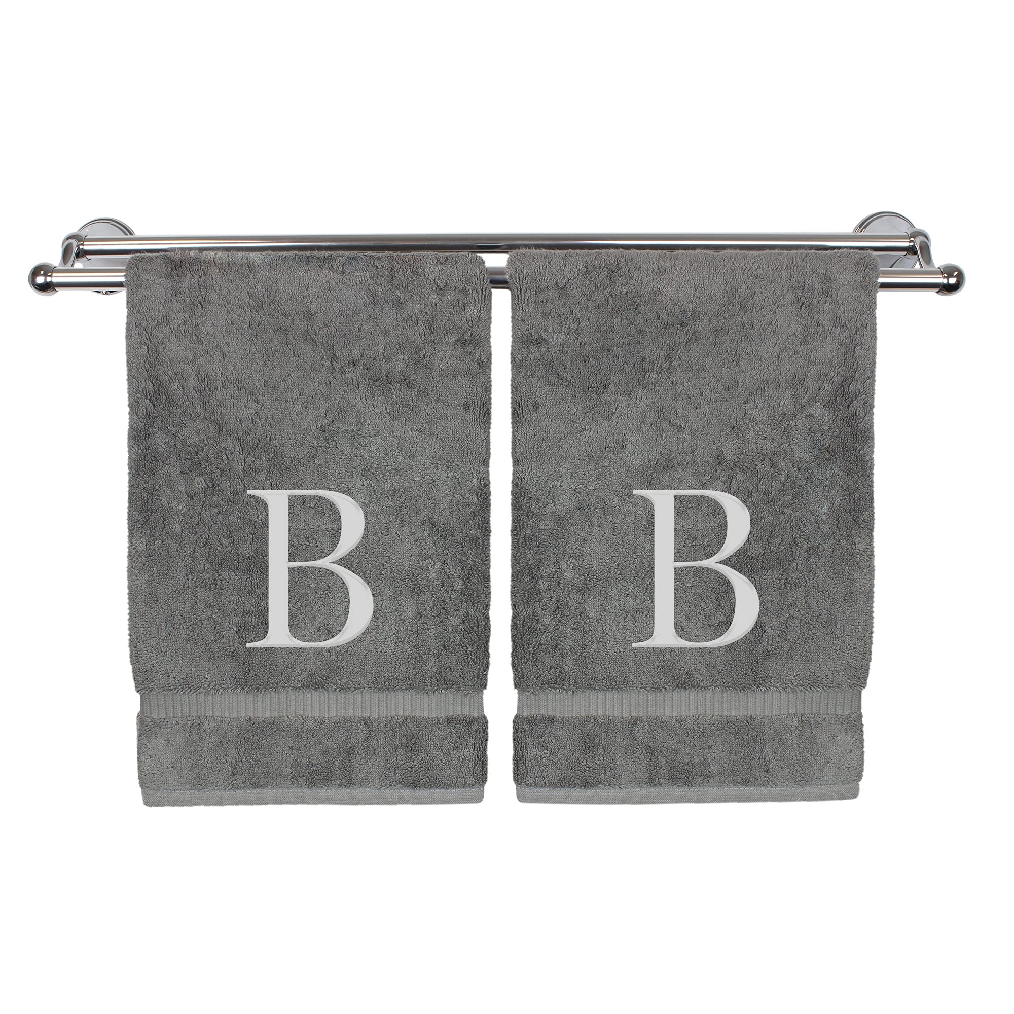 Monogrammed Hand Towel, Personalized Gift, Set Of 2- Silver Block Letter Embroidered Towel - Extra Absorbent 100% Turkish Cotton