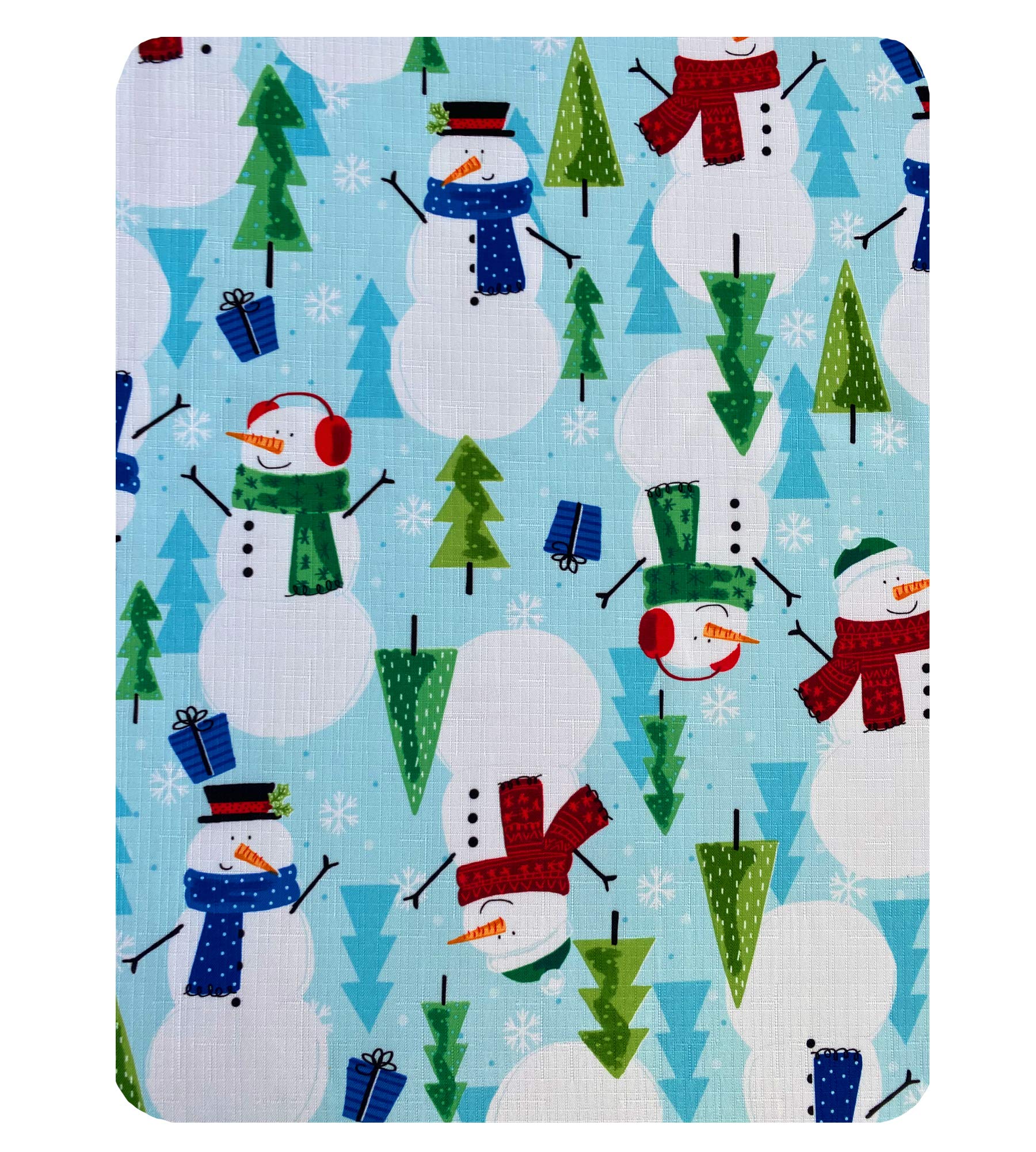 Newbridge Blue Snowman Fun Christmas Fabric Tablecloth  Cheerful Snowmen and Evergreen Tree Print Xmas Soil Resistant  No Iron Easy Care Tablecloth  70 Inch Round