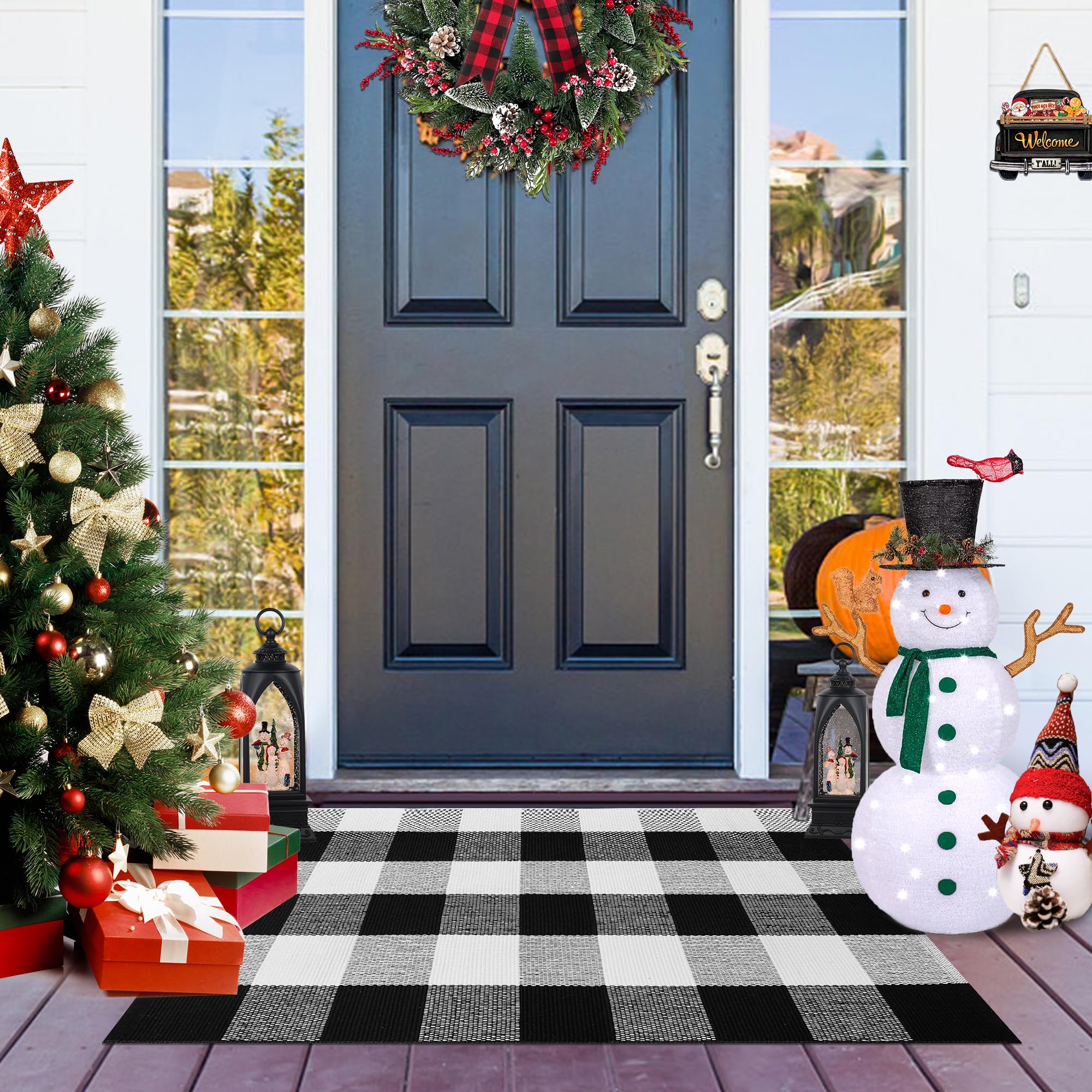 Aoczes Buffalo Plaid Outdoor Rug 2x3 Cotton Woven Rug Black and White Checkered Rug Washable Front Porch Rug Fall Layered Door M