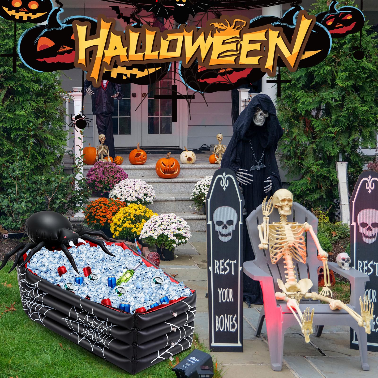 Liliful 44 Inch Halloween Cooler Spider Inflatable Drink Holder, Coffin Cooler Halloween Decor Inflatable Coffin Buffet Beverage