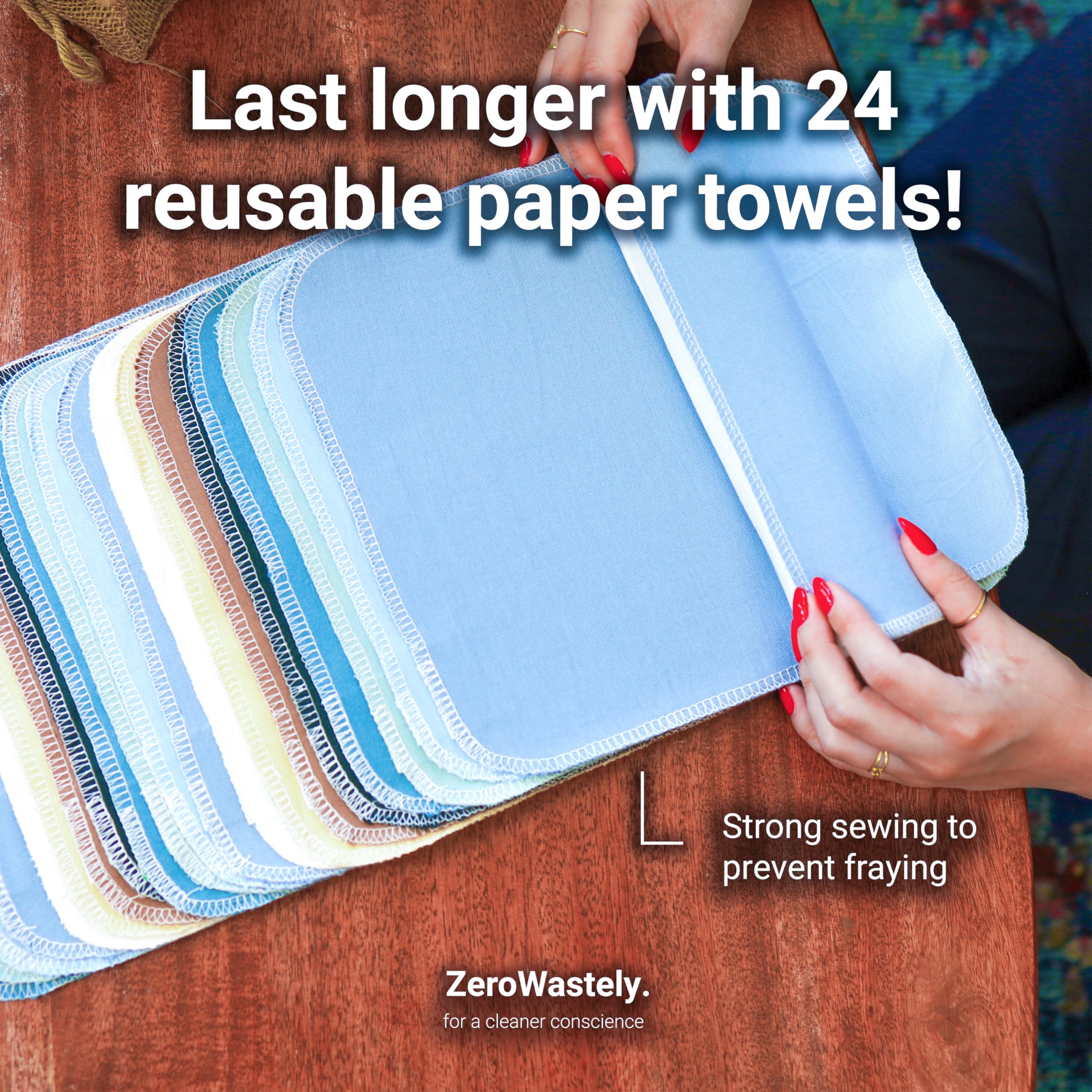 ZeroWastely Reusable Paper Towels - Value Pack of 24 Paperless Paper Towels! - 100% Cotton  Super Soft  Absorbent  Washable and Made to Last - Cut Back and Waste Less with Our Cloth Paper Towels
