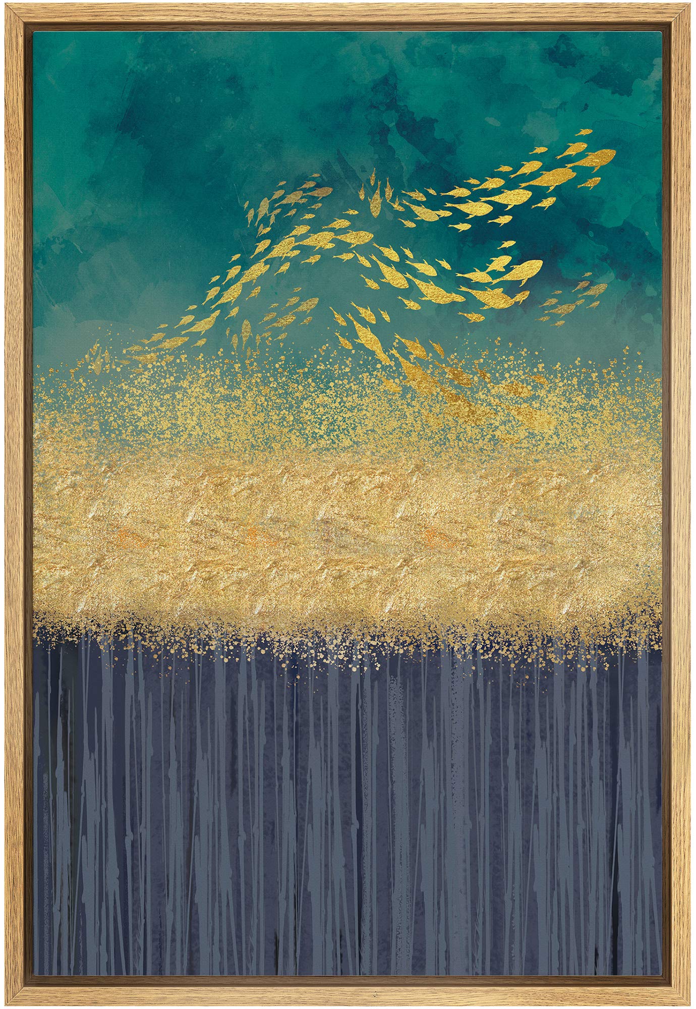 Signford Framed Canvas Print Wall Art Golden Fish Over Dripping Seascape Abstract Wilderness Illustrations Modern Art Contempora