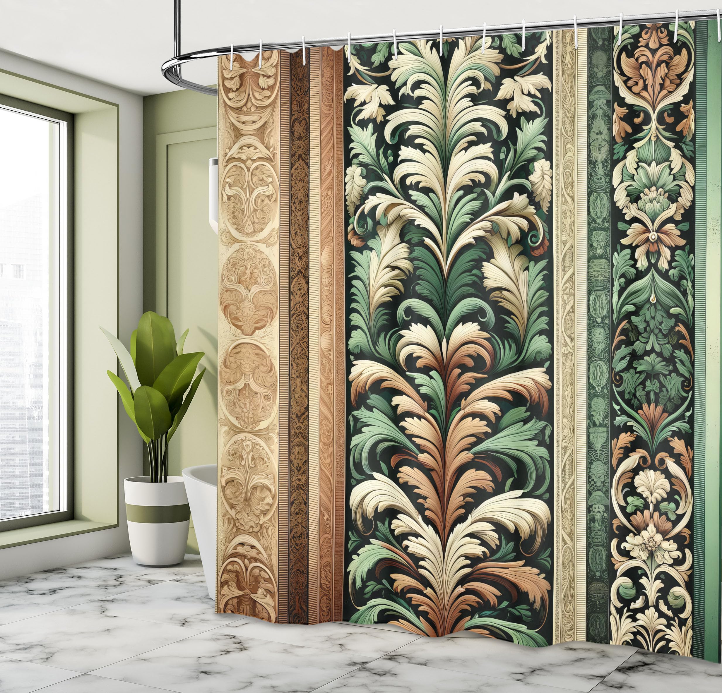Ambesonne Green And Brown Shower Curtain, Jungle Damask Leafy Ornaments Ethnic Oriental Motifs Traditional Art, Cloth Fabric Bat