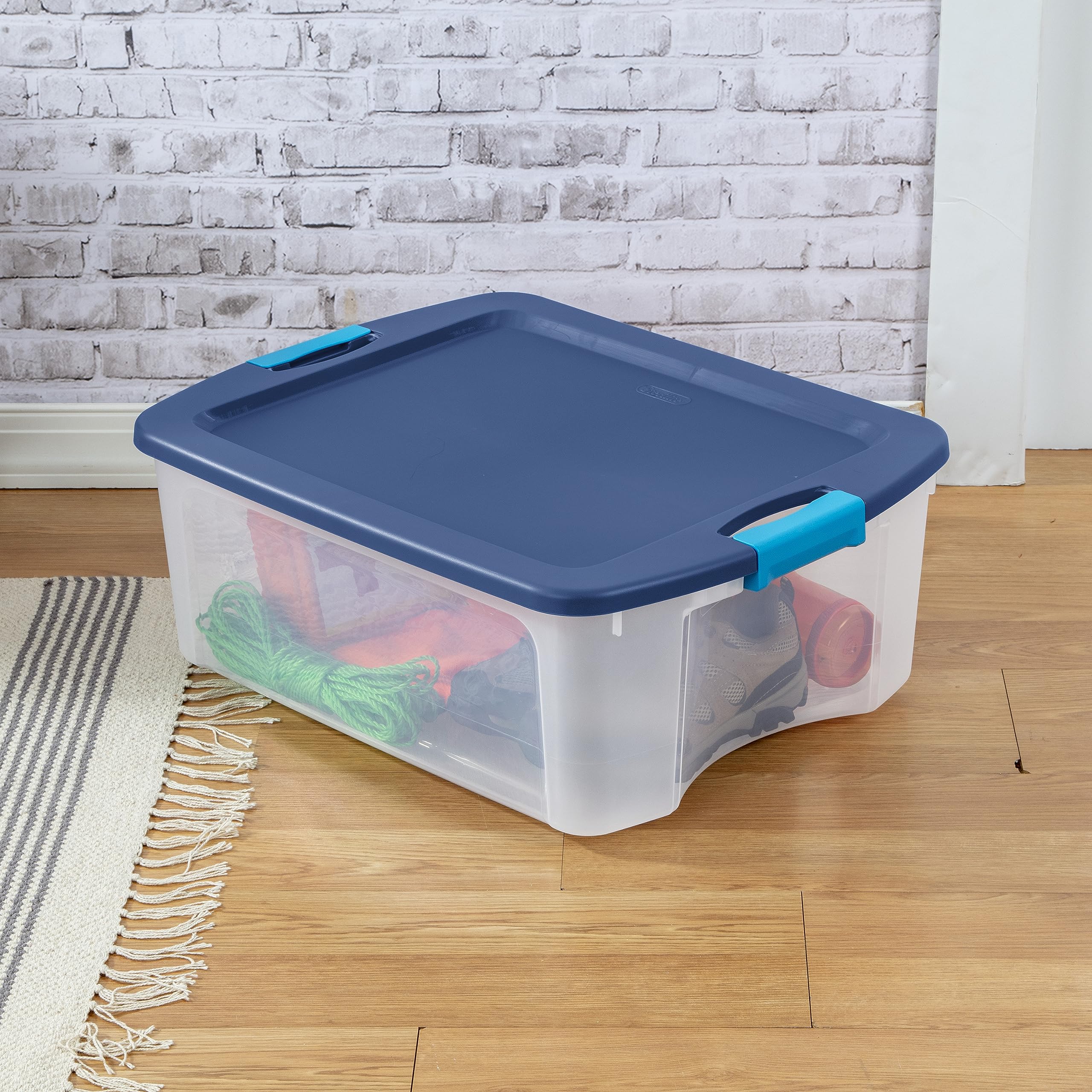 Sterilite 12 Gal Latch And Carry, Stackable Storage Bin With Latching Lid, Plastic Container To Organize Closets, Clear With Blu