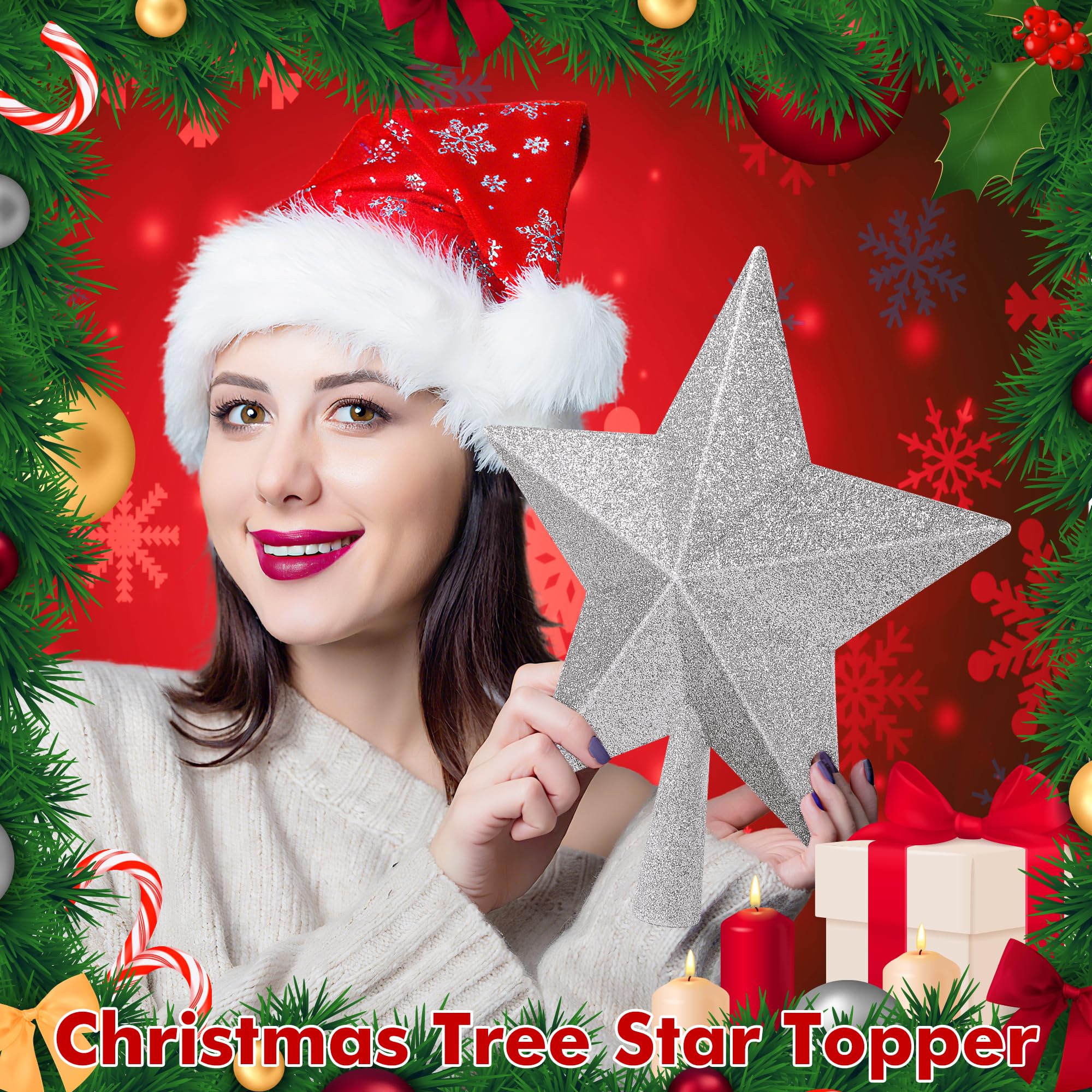 Christmas Tree Decoration, 10 Silver Christmas Tree Topper with Glitter, Large Bethlehem Star Xmas Tree Topper Decor, Waterproof