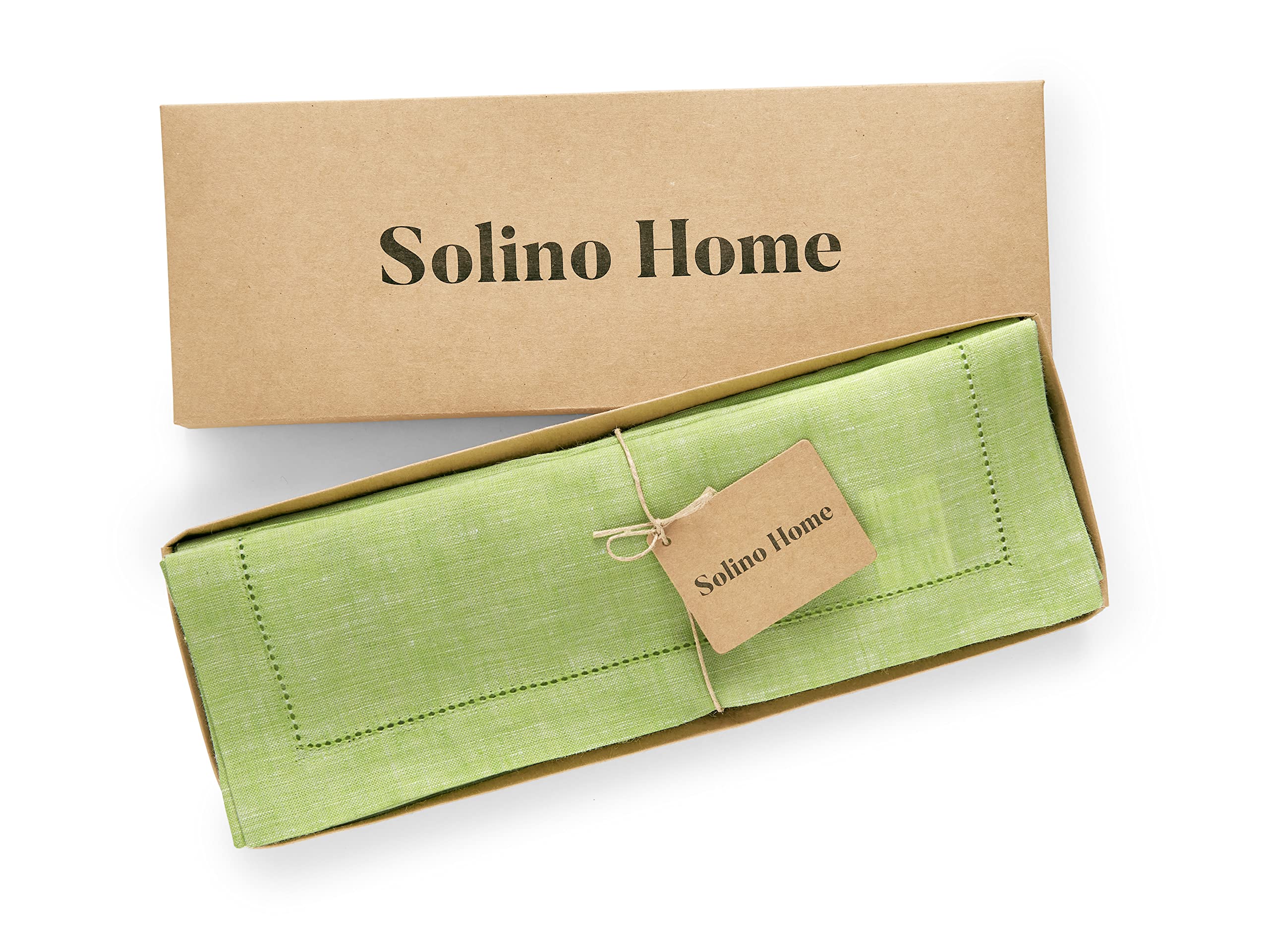 Solino Home Linen Hemstitch Table Runner - 14 x 72 Inch Chambray Lime Green - 100% Pure Linen Table Runner for Spring  Summer  Dining  Wedding - Milan  Handcrafted and Machine Washable