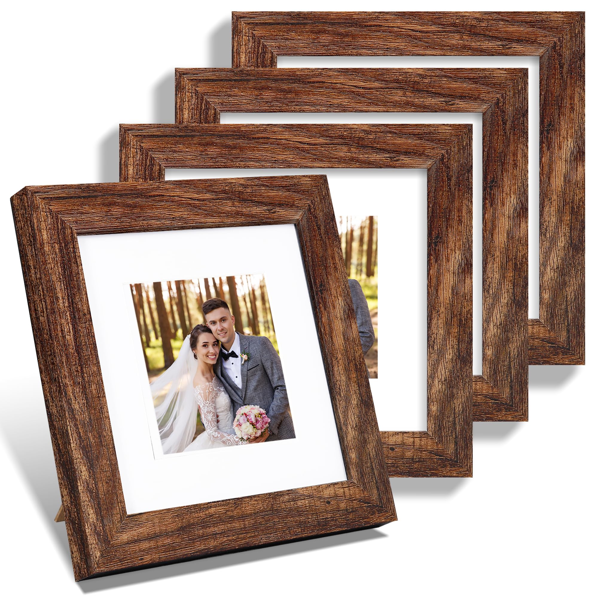 Hongkee 6x6 Picture Frame Set of 4, Made of Glass and Rustic Brown Wooden Frame - Display Picture 4x4 with Mat or 6 x 6 Without 