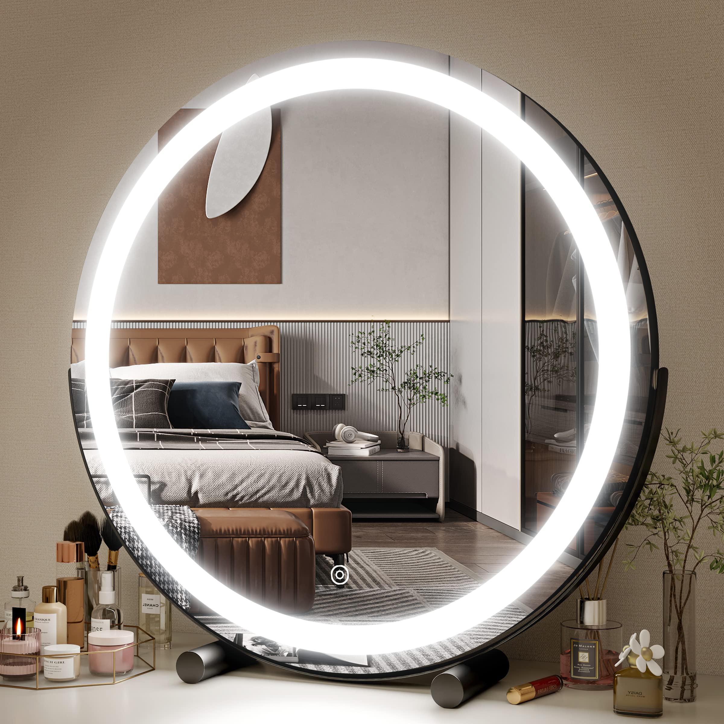 FENNIO 18 inch Large Vanity Mirror with Lights, Round LED Lighted Up Makeup Mirror, Large Makeup Mirror with Lights, Touch Scree