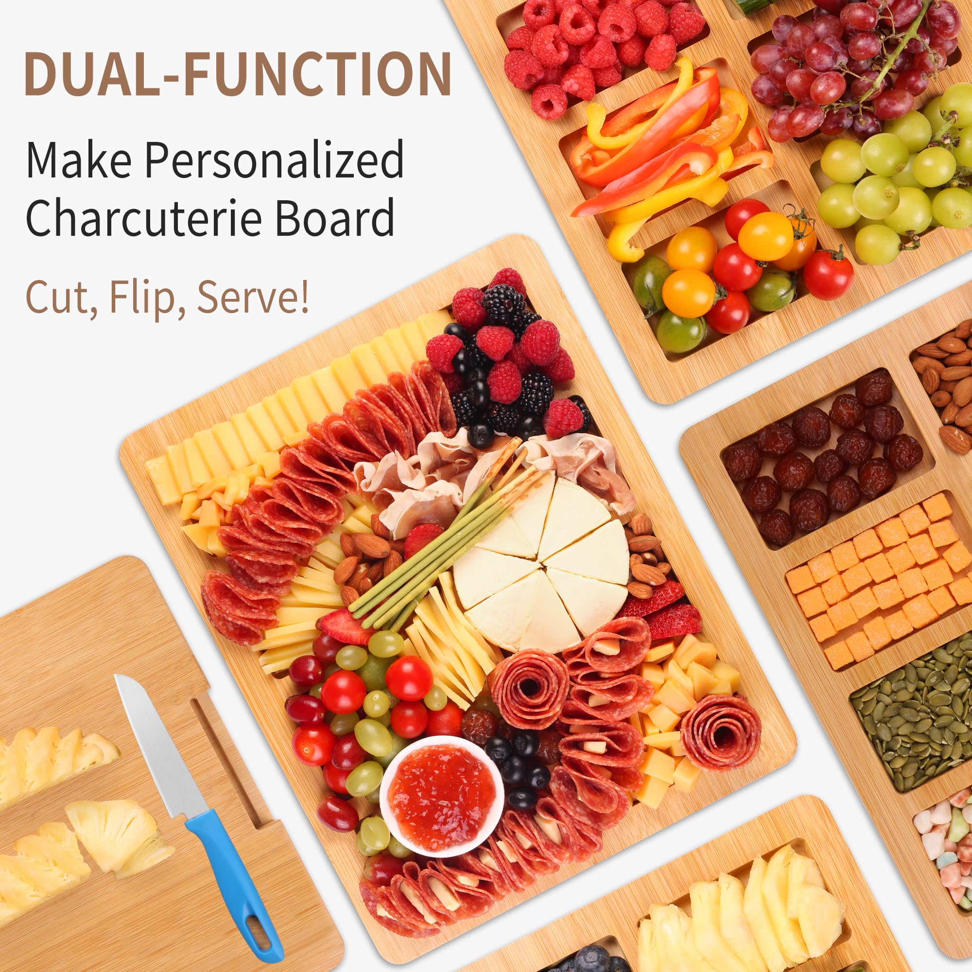 Cawiu Charcuterie Board With Lid And Handle - Portable Travel Design Bamboo Cheese Board Set With 4 Cheese Tools, Gift For House