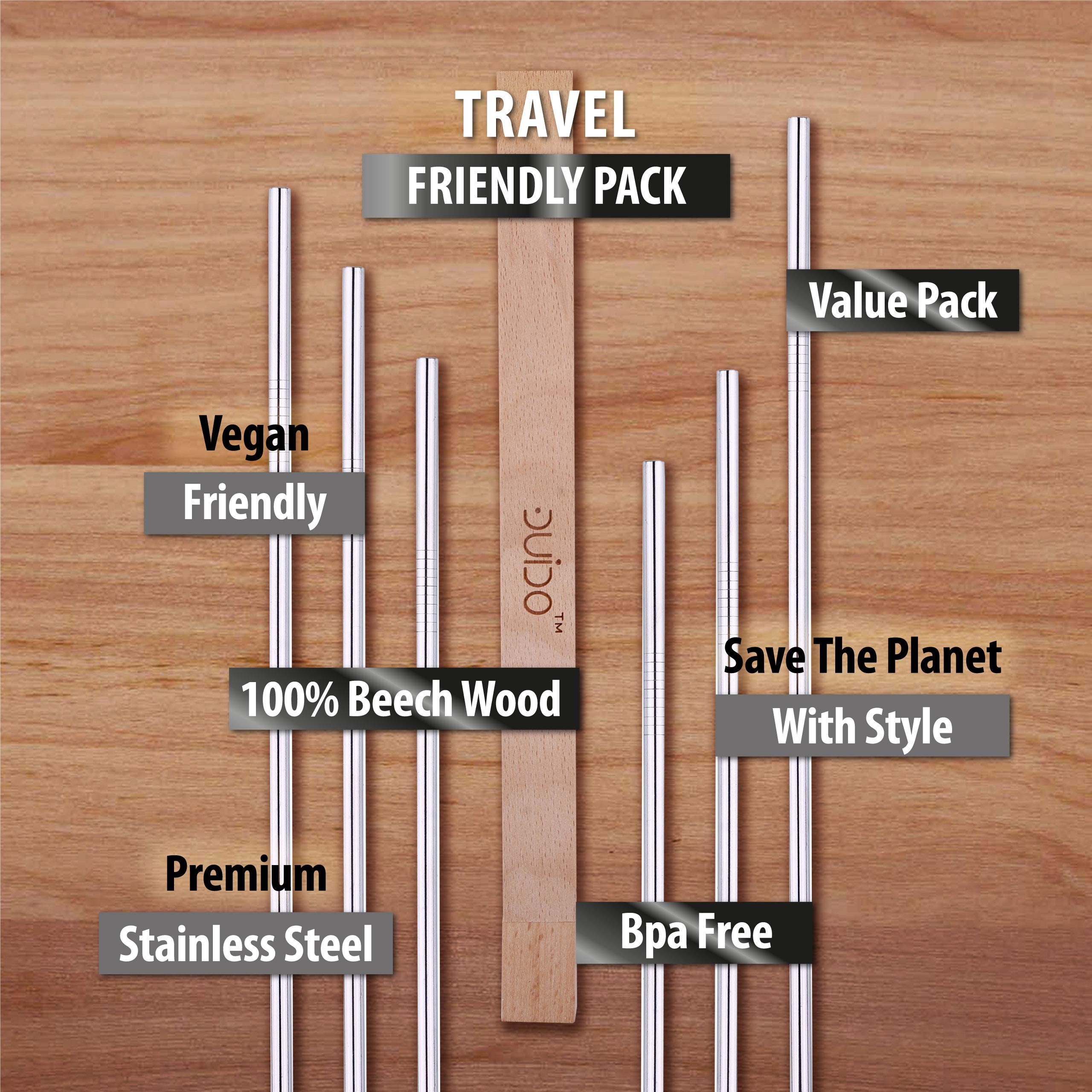 Reusable Stainless Steel Straws With Wood Case - (6 Pack) 8.5 Inch Travel Eco-Friendly Straws Drinking Reusable With Wood Case -