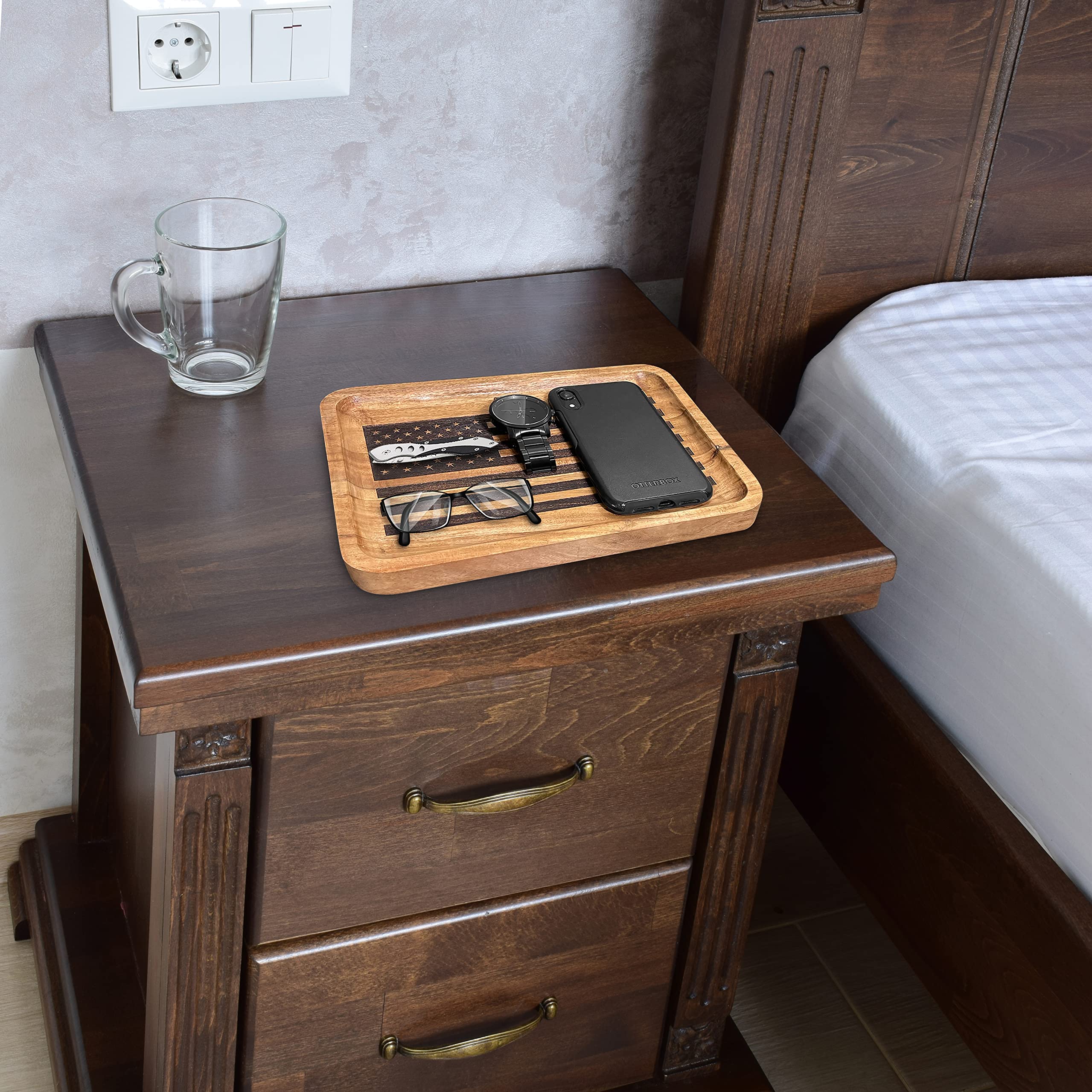 Guard The Line American Flag Valet Tray - Acacia Wood Catch All, EDC Tray - Every Day Carry Bedside Holder, Dump Tray EDC Organi