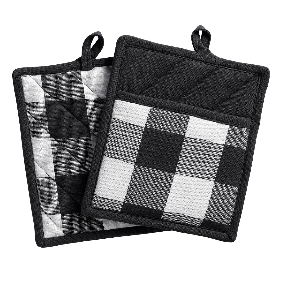 Elrene Home Fashions Farmhouse Living Buffalo-Check Pot-Holder Set, Rustic Pot Holders For Kitchen, Set Of 2, 8'' X 9'', Black/W